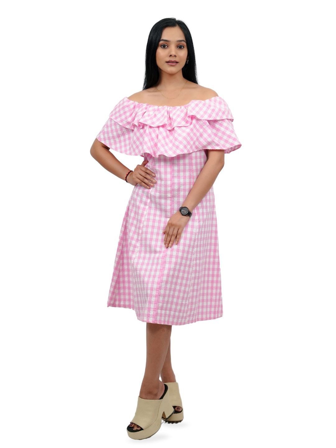 BELLO DONA CLOTHING Checked Off-Shoulder Fit & Flare Dress