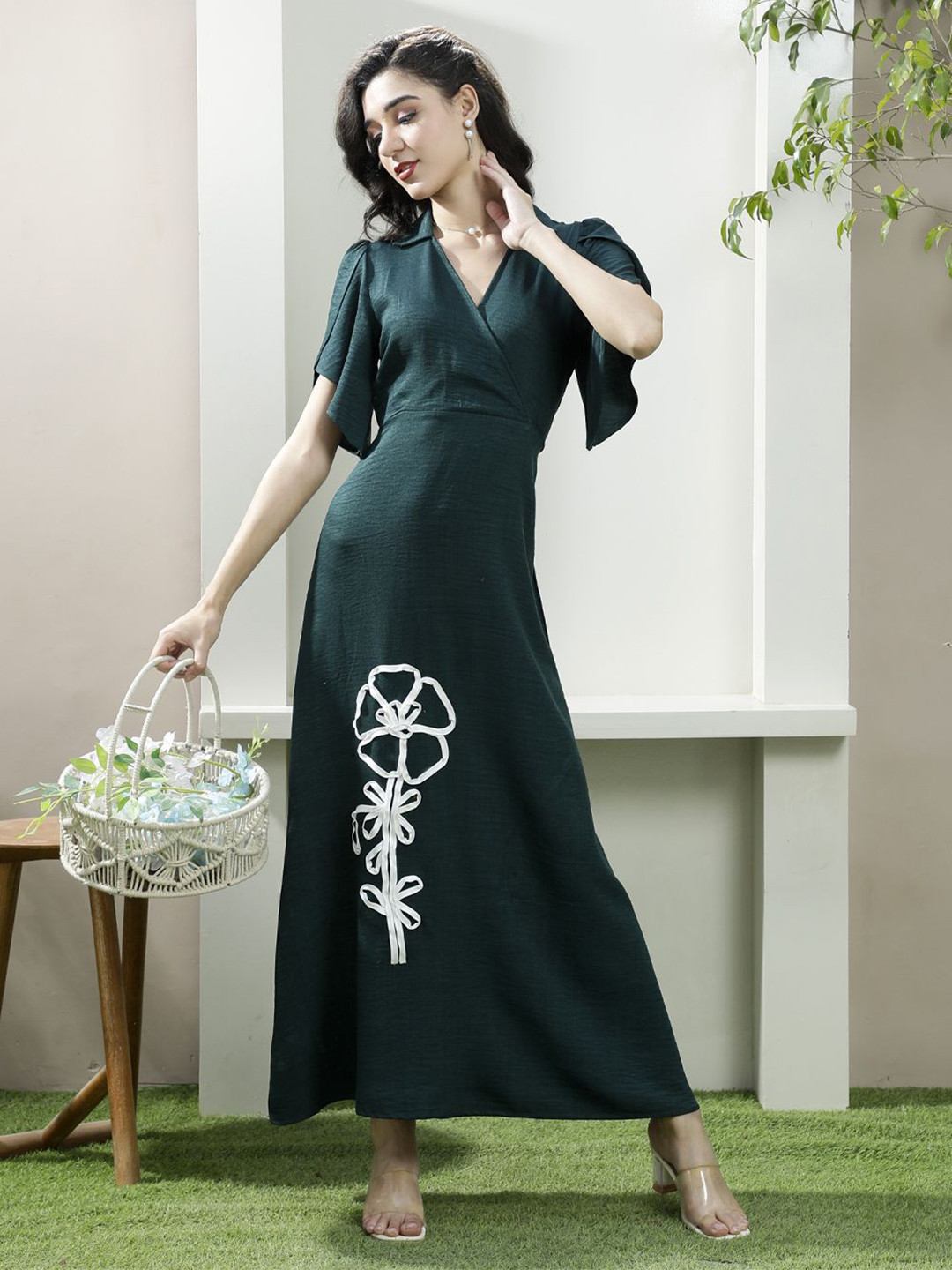 Boho By Athena Embroidered Batwing Sleeve Linen Maxi Dress