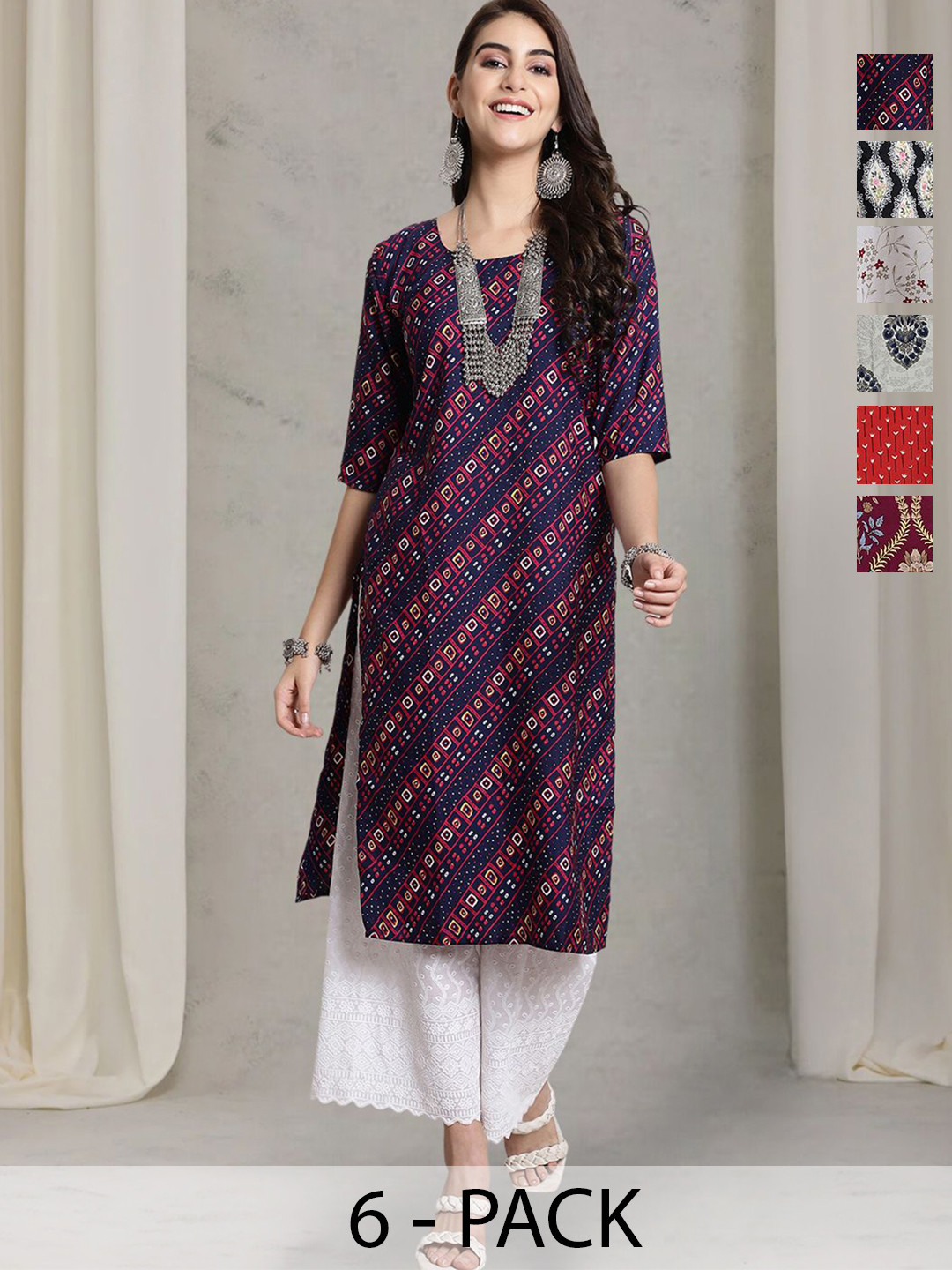 7Threads Women's Pack of 6 Printed Regular Straight Kurta