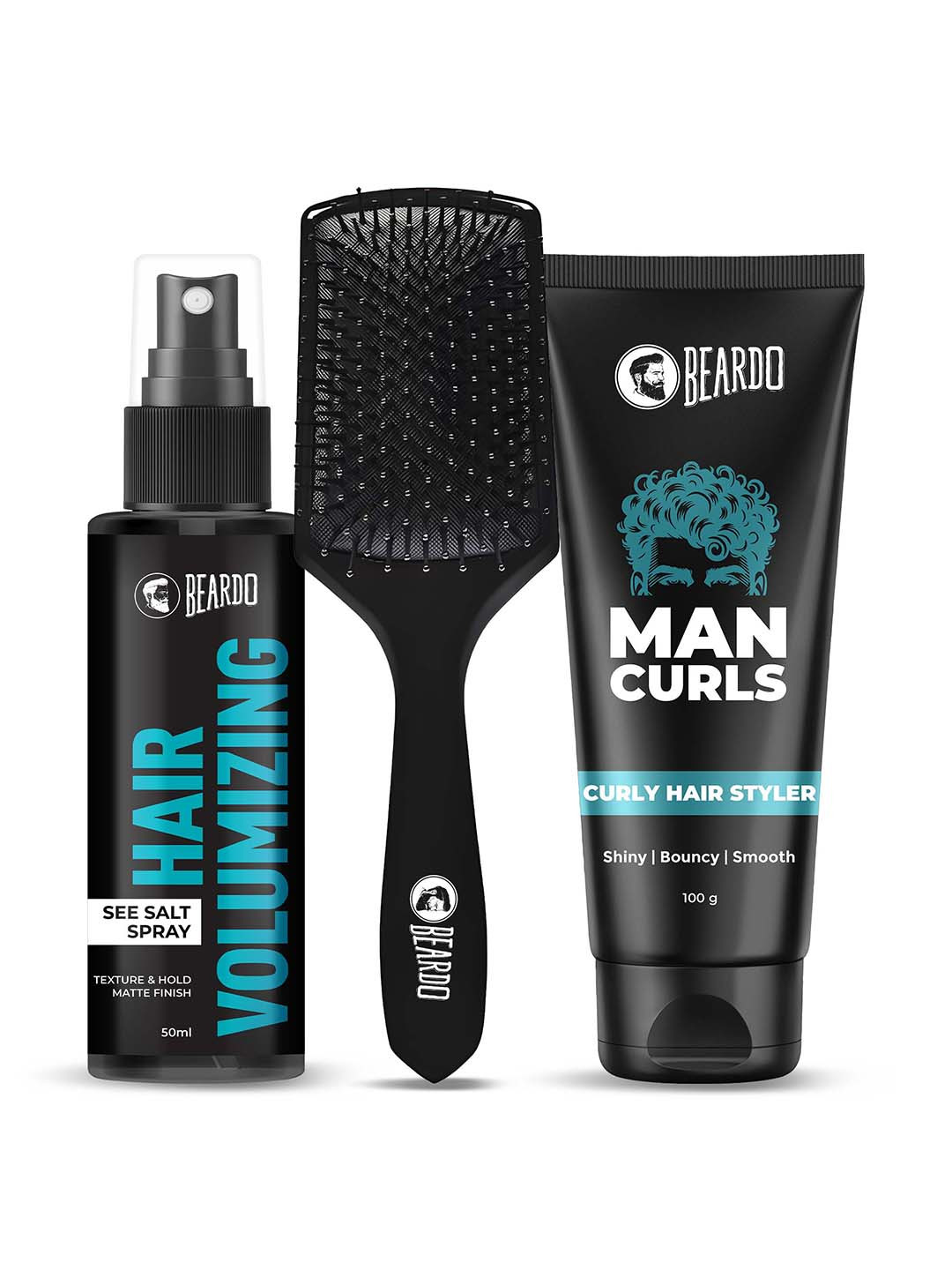 BEARDO Set of Hair Volumizing Spray + Man Curls Curly Hair Cream + Detangling Hair Brush
