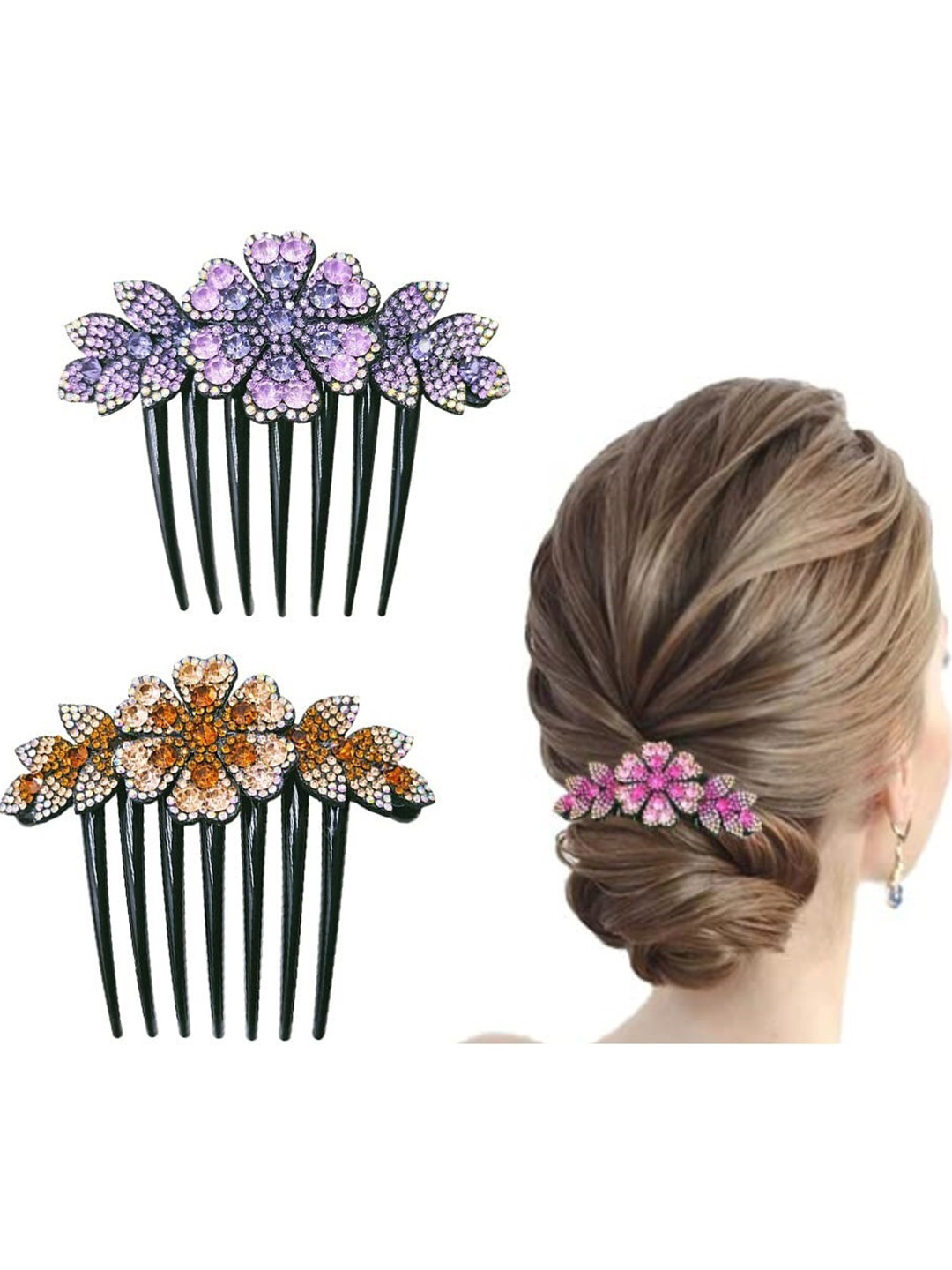 Blubby 2 Pieces Flower Leaf Rhinestone Hair Side Combs