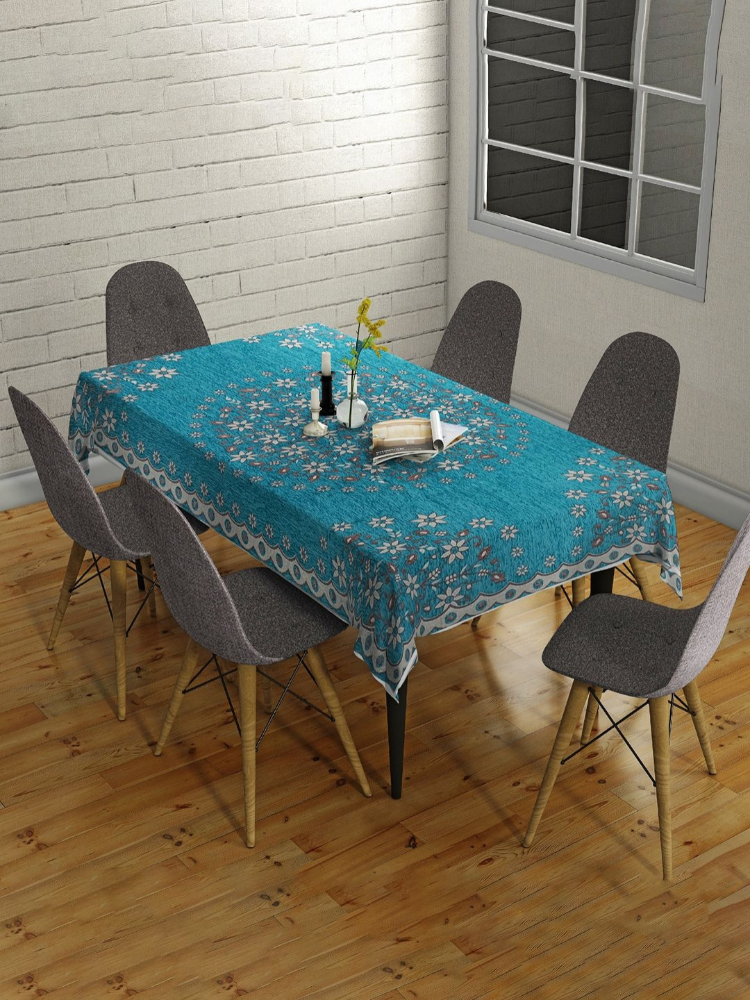 Sun Rise Teal Green & White Floral Embroidered 6-Seater Table Cover