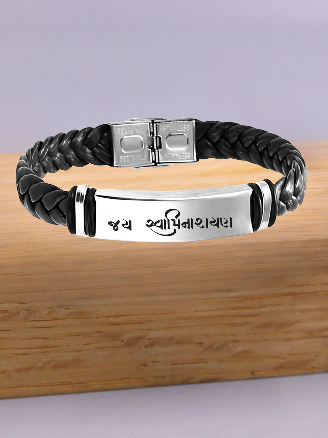 M Men Style Men Silver-Plated Jay Swaprinarayan Leather Cuff Bracelet