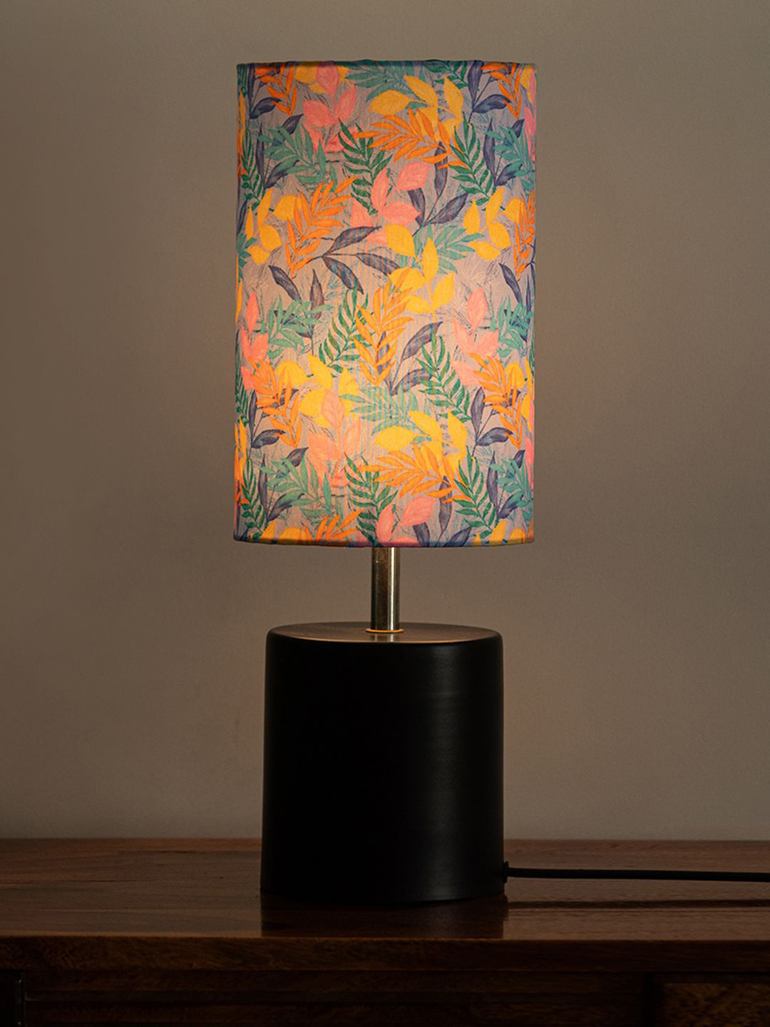 ExclusiveLane Lumespace Black & Blue Floral Printed Metal Cylindrical Shaped Table Lamp