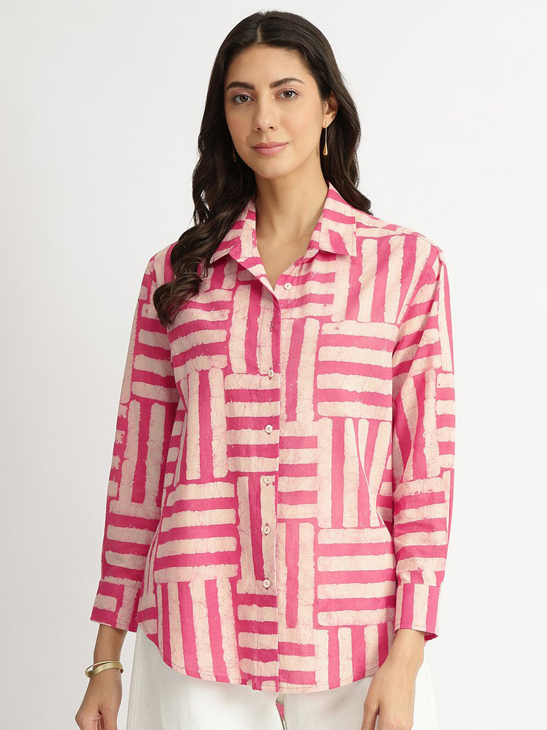 Pink Fort Geometric Print Cotton Boxy Top