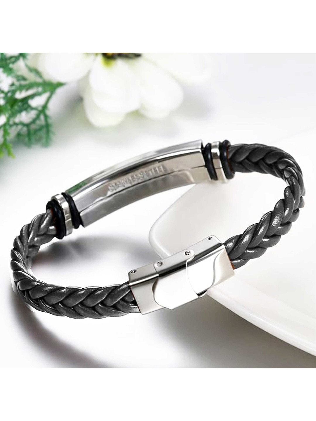 M Men Style Men Silver-Plated Shri Ganeshay Namah Braided Leather Cuff Bracelet