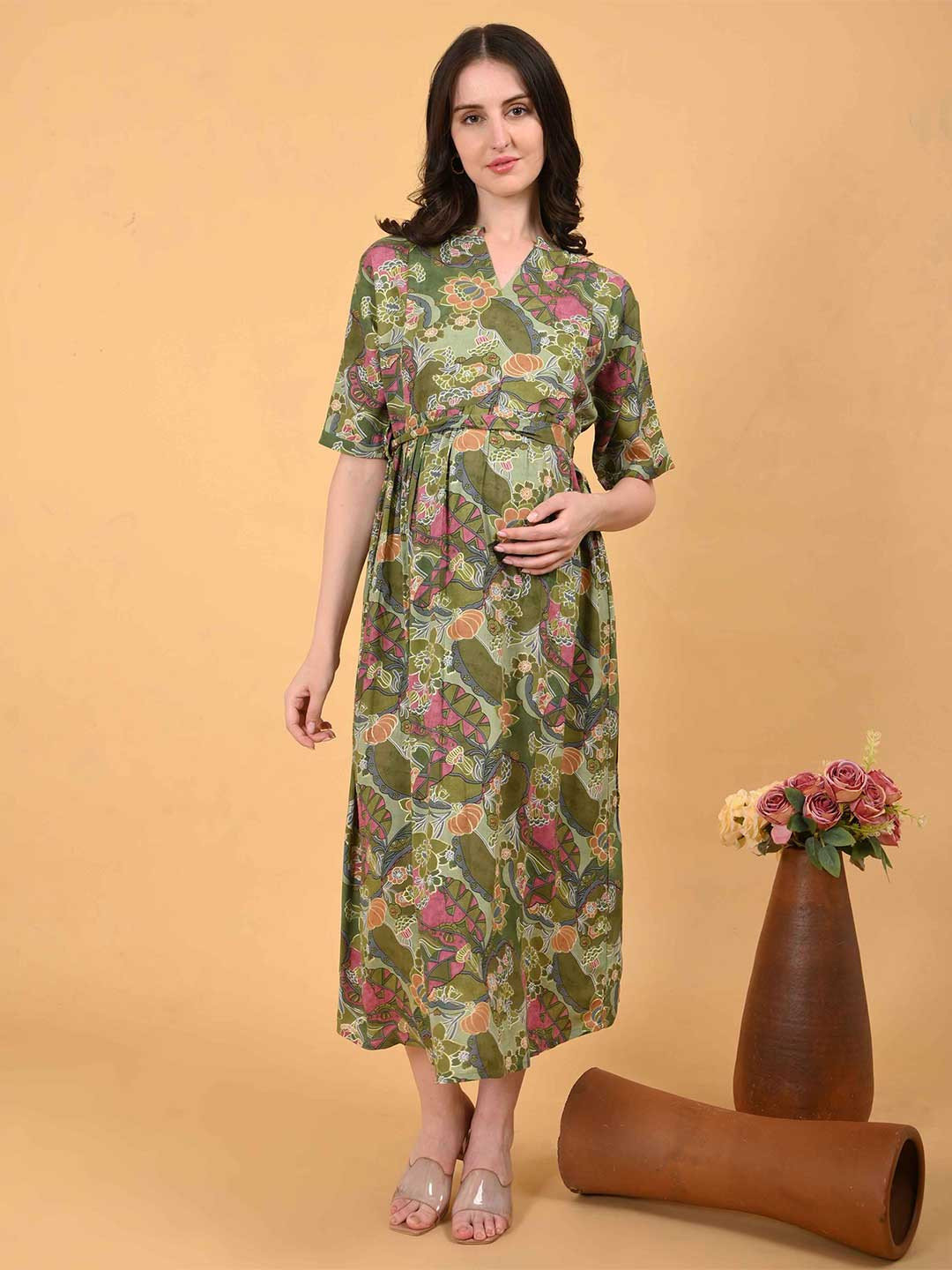 GOLDSTROMS Ethnic Motifs Print Maternity Belted Gown Midi Dress