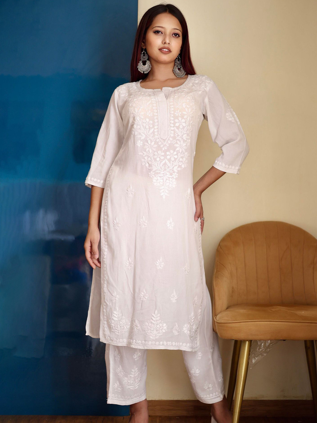 myplusfashion Women Floral Lucknowi Handwork Chikankari Kurta Palazzo Set