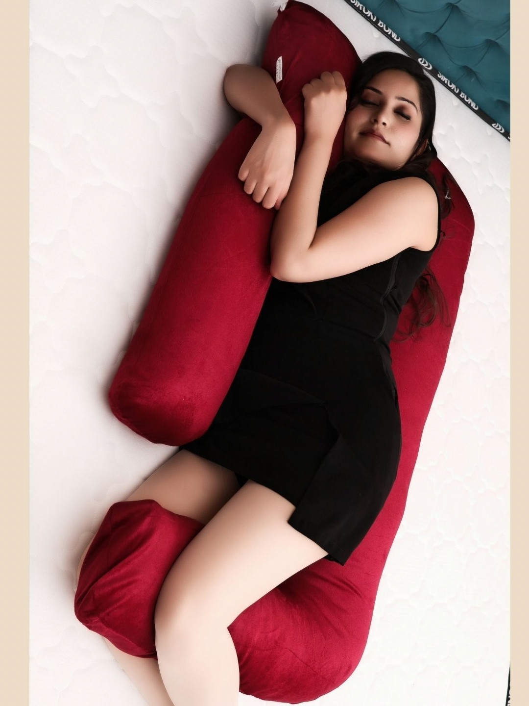 Siroki Bond Velvet J-Shaped Red Solid Faux Velvet Lightweight Firm Fibre Maternity Pillow-147 x 84 x 5 cm