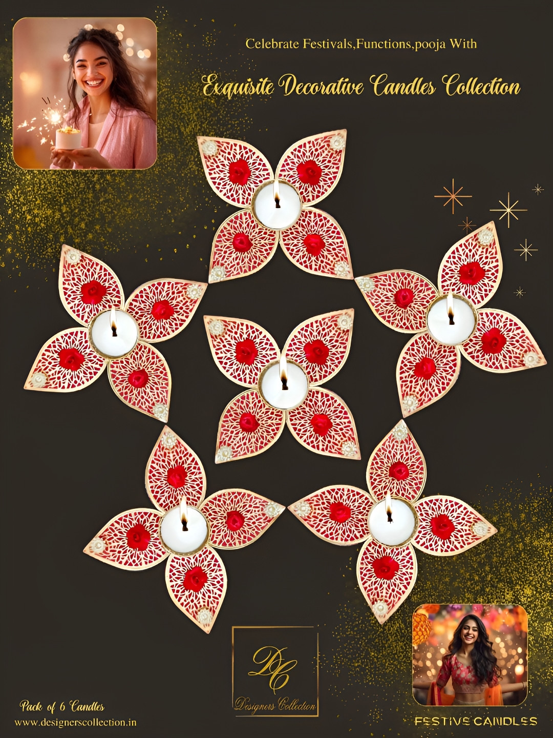 Designers Collection Decorative 6Pcs Scented 1 Wick Solid Flower Regular Jar Candles