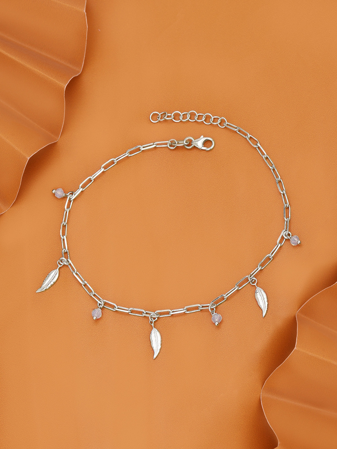 DressBerry Rhodium Plated with Glass Bead and Leaf Charm Anklet