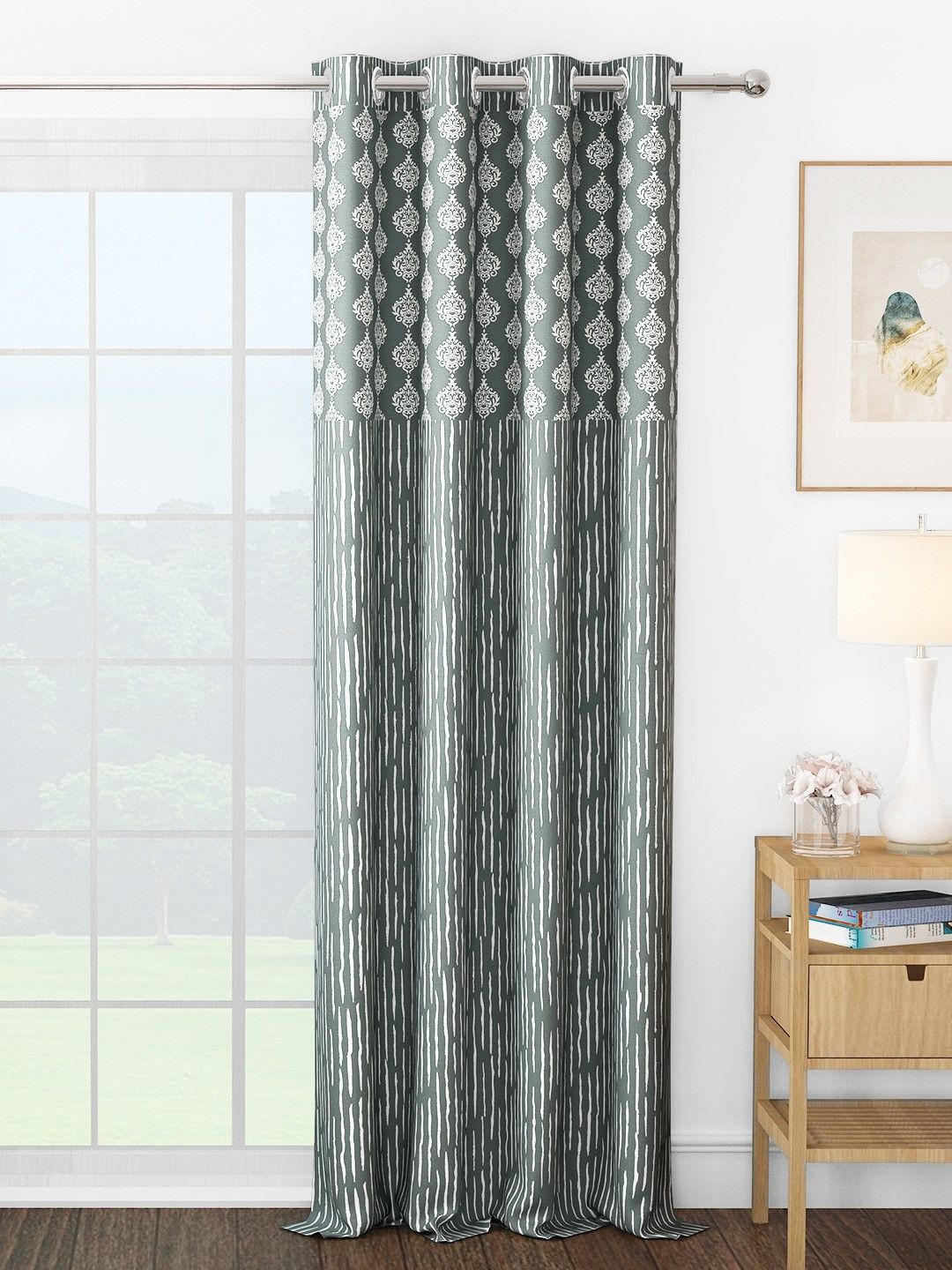 Story@home Topaz Grey & White Ethnic Motifs Printed Room Darkening Long Door Curtain