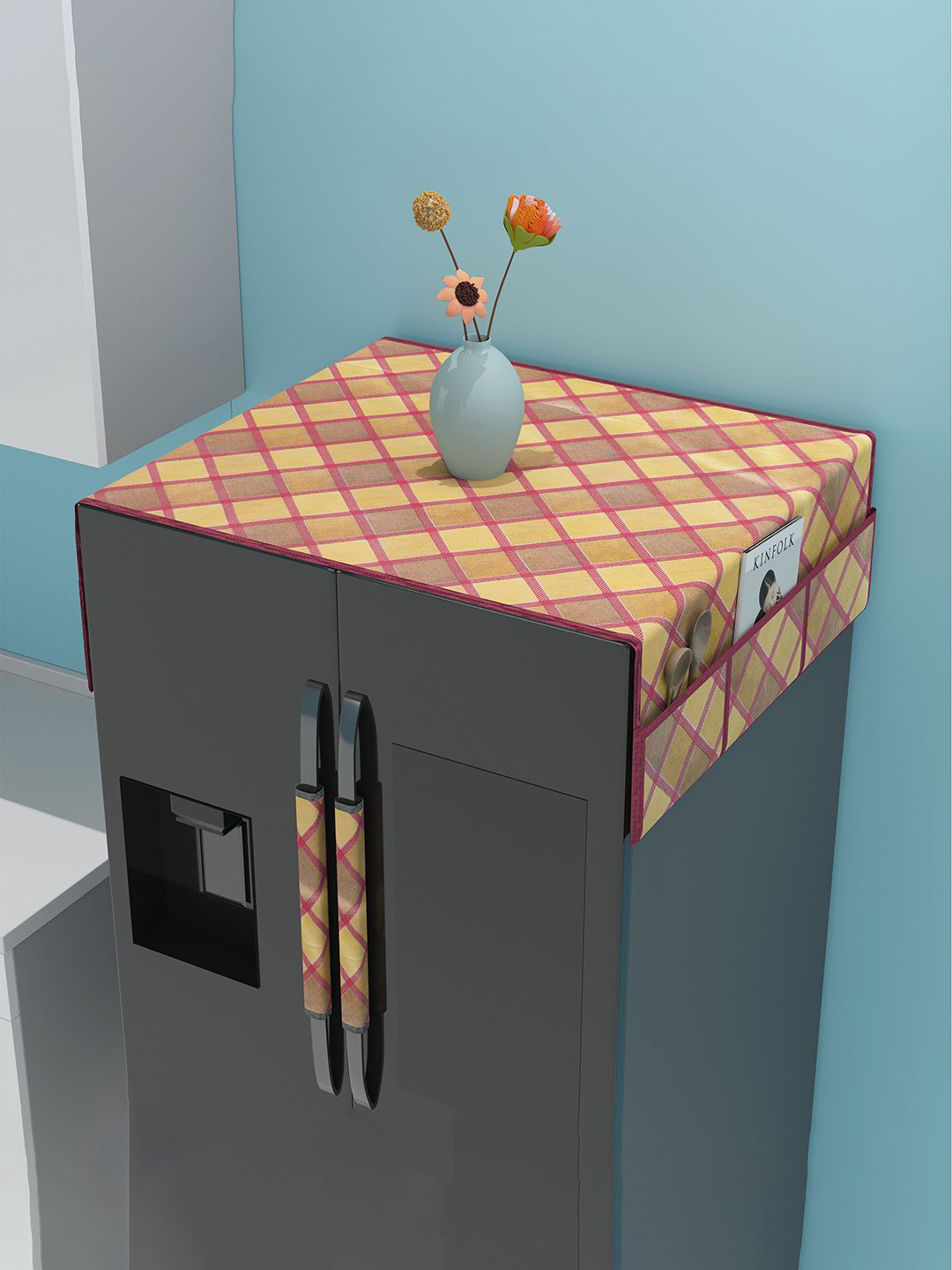 Kuber Industries 3-Pc Maroon & Yellow Floral Printed Waterproof Fridge Top & Handle Covers