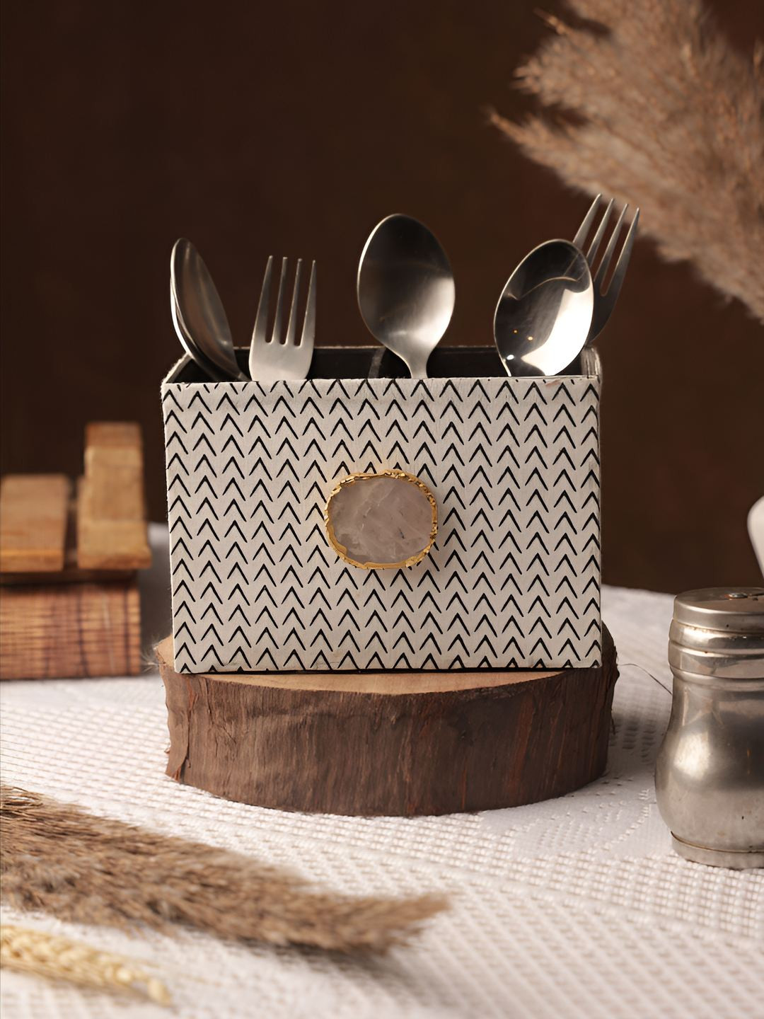 LOOMSARTE Geometric Printed Black & White Fabric Cutlery Holder