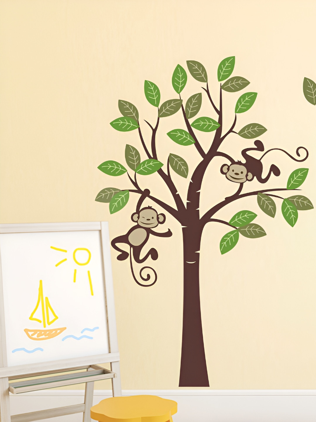 LANSTICK Brown & Green Tree With Monkey Self Adhesive Wall Sticker