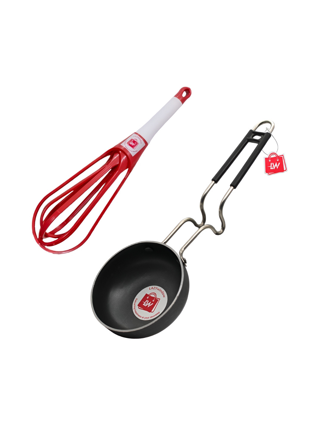 LAZYwindow Grey & Red 2 Pieces Tadka Fry Pan With Stainless Steel Handle & Mixer