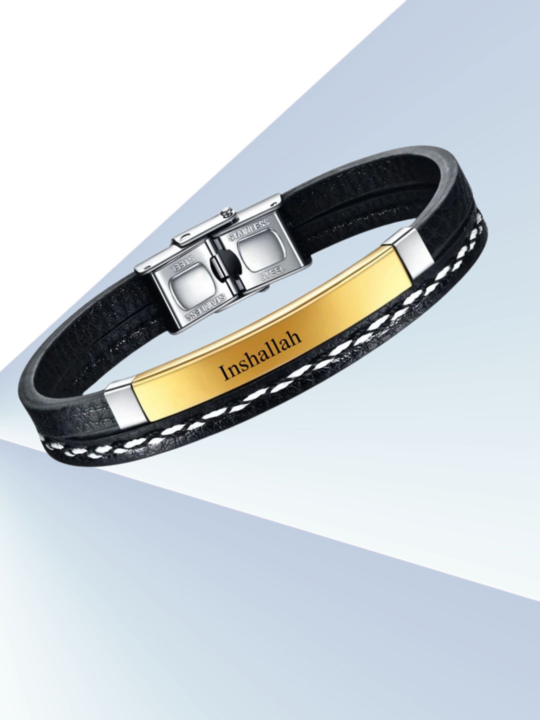 M Men Style Men Gold-Plated Inshallah Leather Wraparound Bracelet