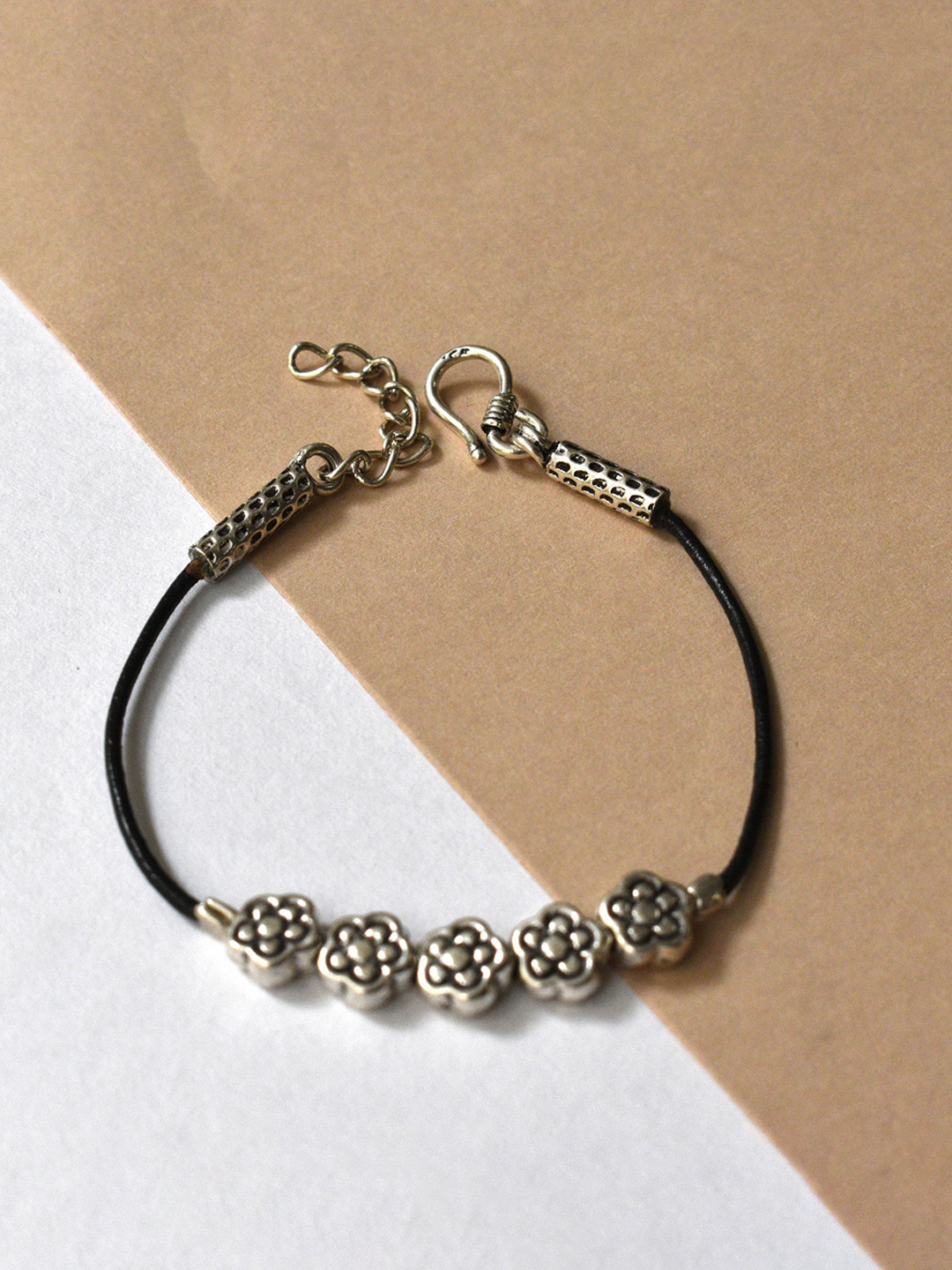 Ovana jewels 92.5 Sterling Silver Floral Leather Wraparound Bracelet