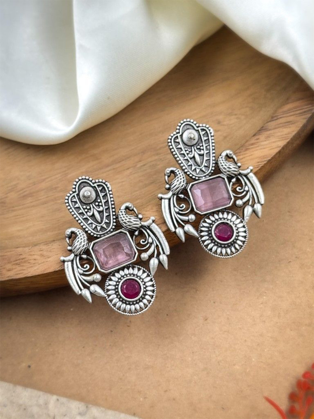 NAMAN ARTS Silver-Plated Artificial Stones And Beads Oxidised Contemporary Drop Earrings