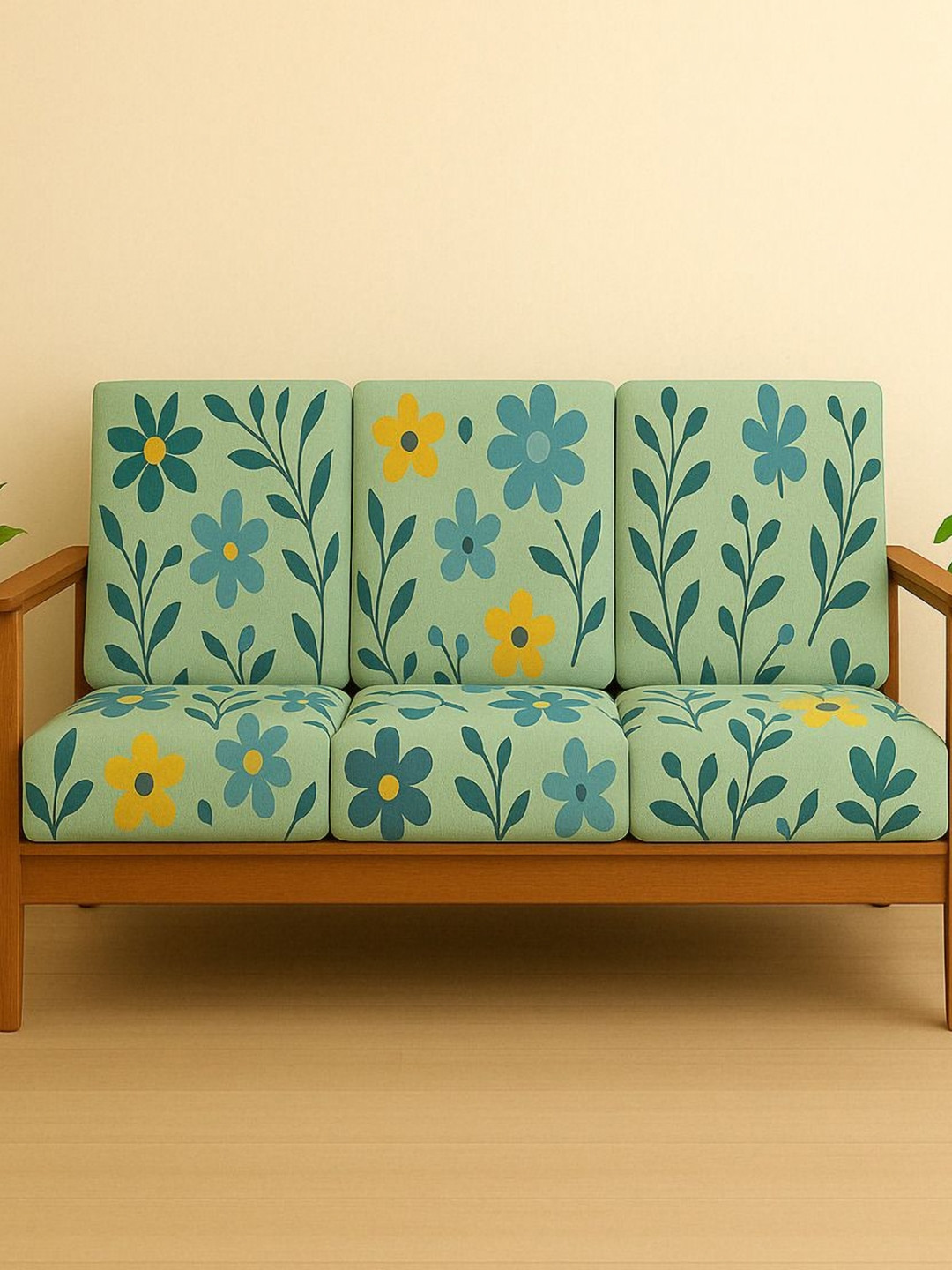 STITCHNEST Set of 6 Green & Yellow Lycra Seat Cover