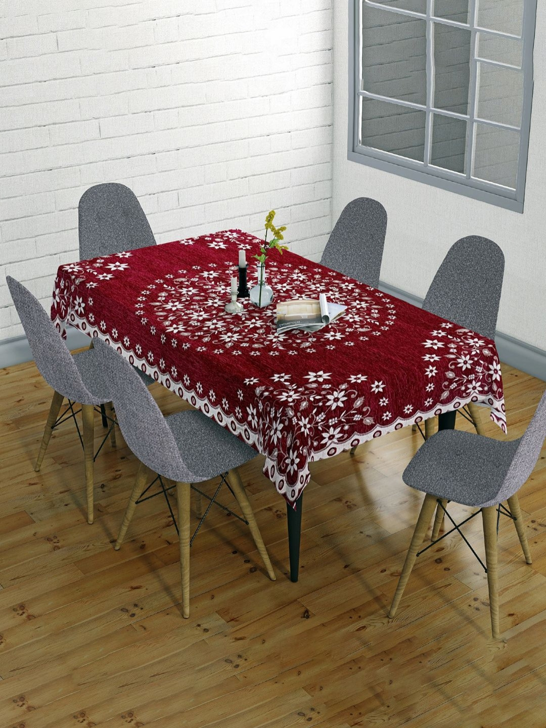 Sun Rise Maroon & White Floral Embroidered 6-Seater Table Cover