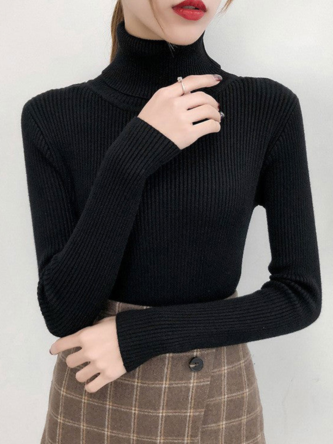 Outzidr Women Black Ribbed High Neck Long Sleeve Casual Top