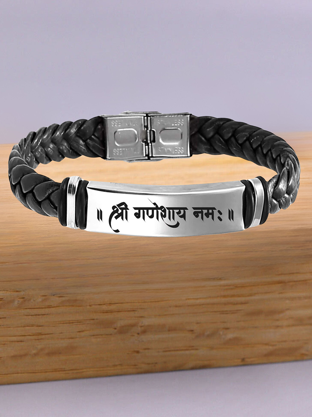M Men Style Silver-Plated Stainless Steel Shri Ganeshay Leather Wraparound Bracelet