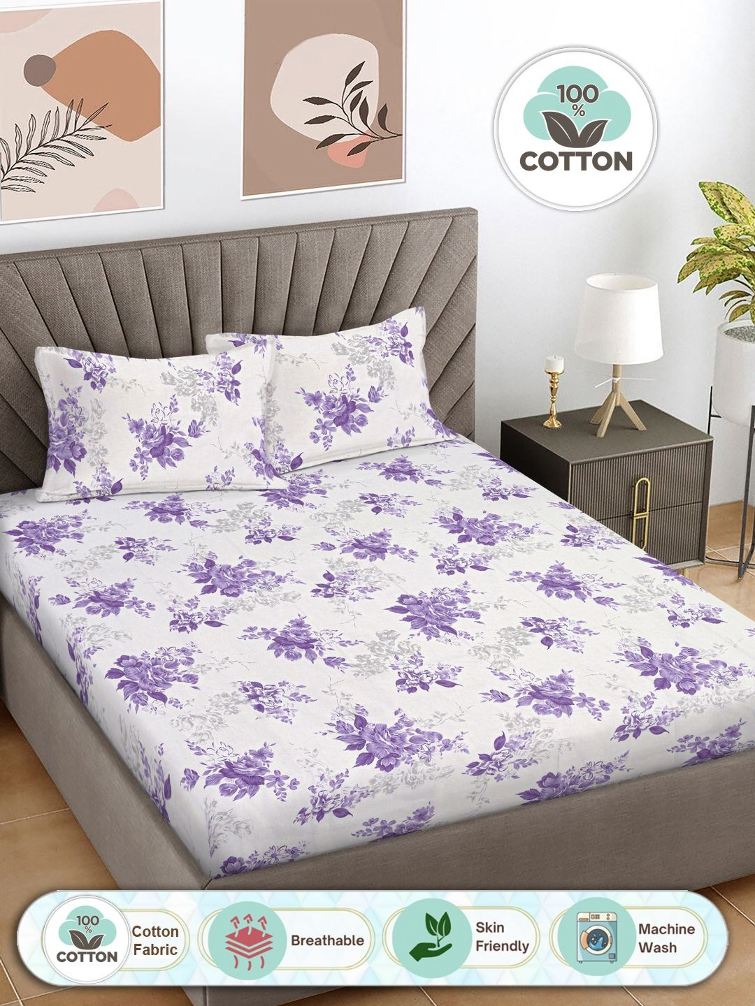 Myntra Elegant Homes Sanganeri Purple Floral Pure Cotton 300 TC King Fine Bedsheet with 2 Pillow Covers-250 x 225 cm