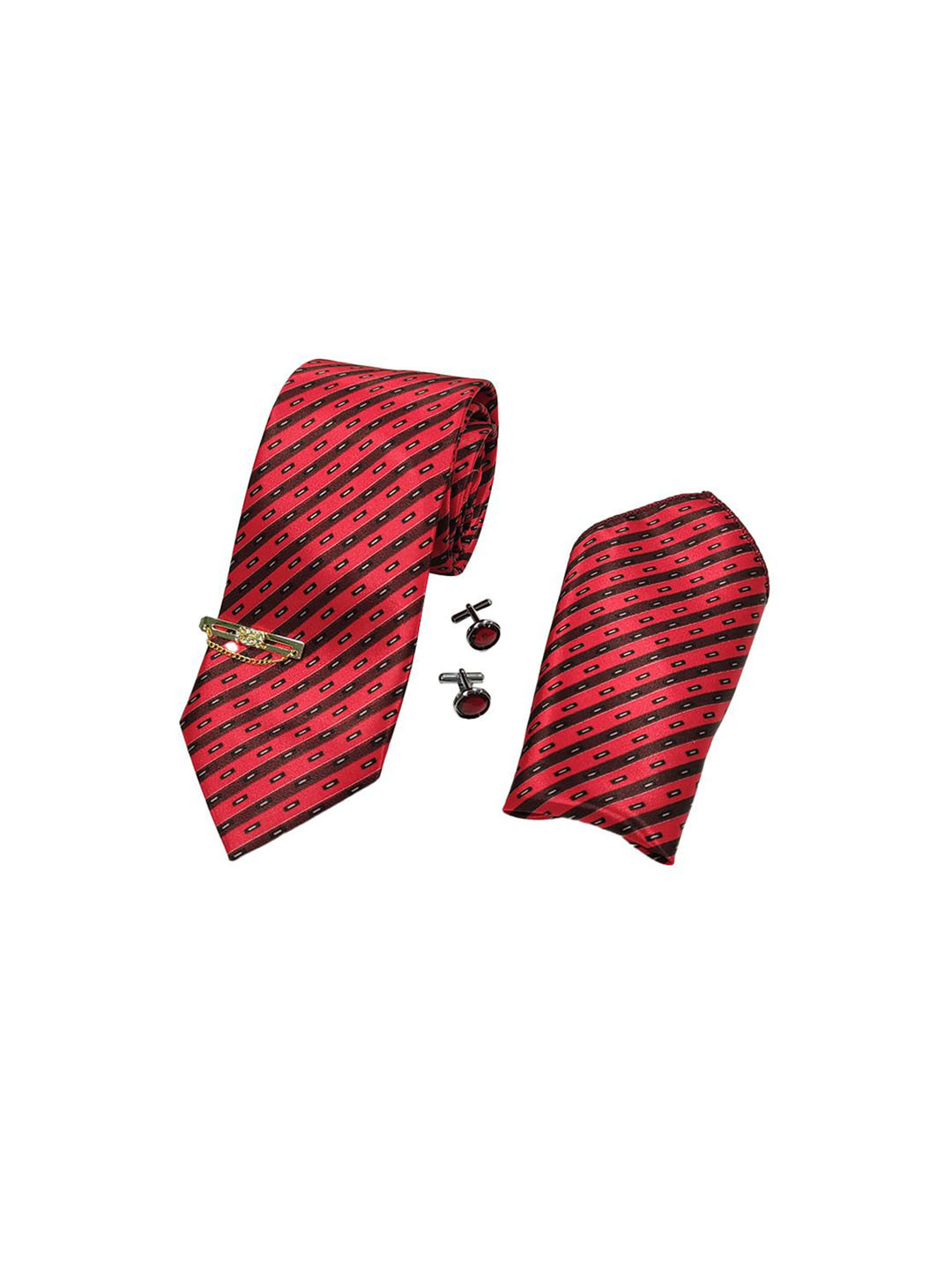 RARE COMBEE GROUP Men Printed Silk Necktie With Pocket Square Tie Pin & Cufflinks