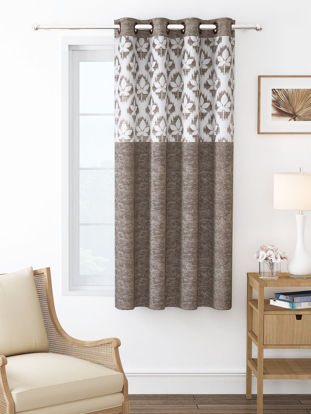 Story@home Topaz Coffee Brown & White Floral Printed Room Darkening Window Curtain