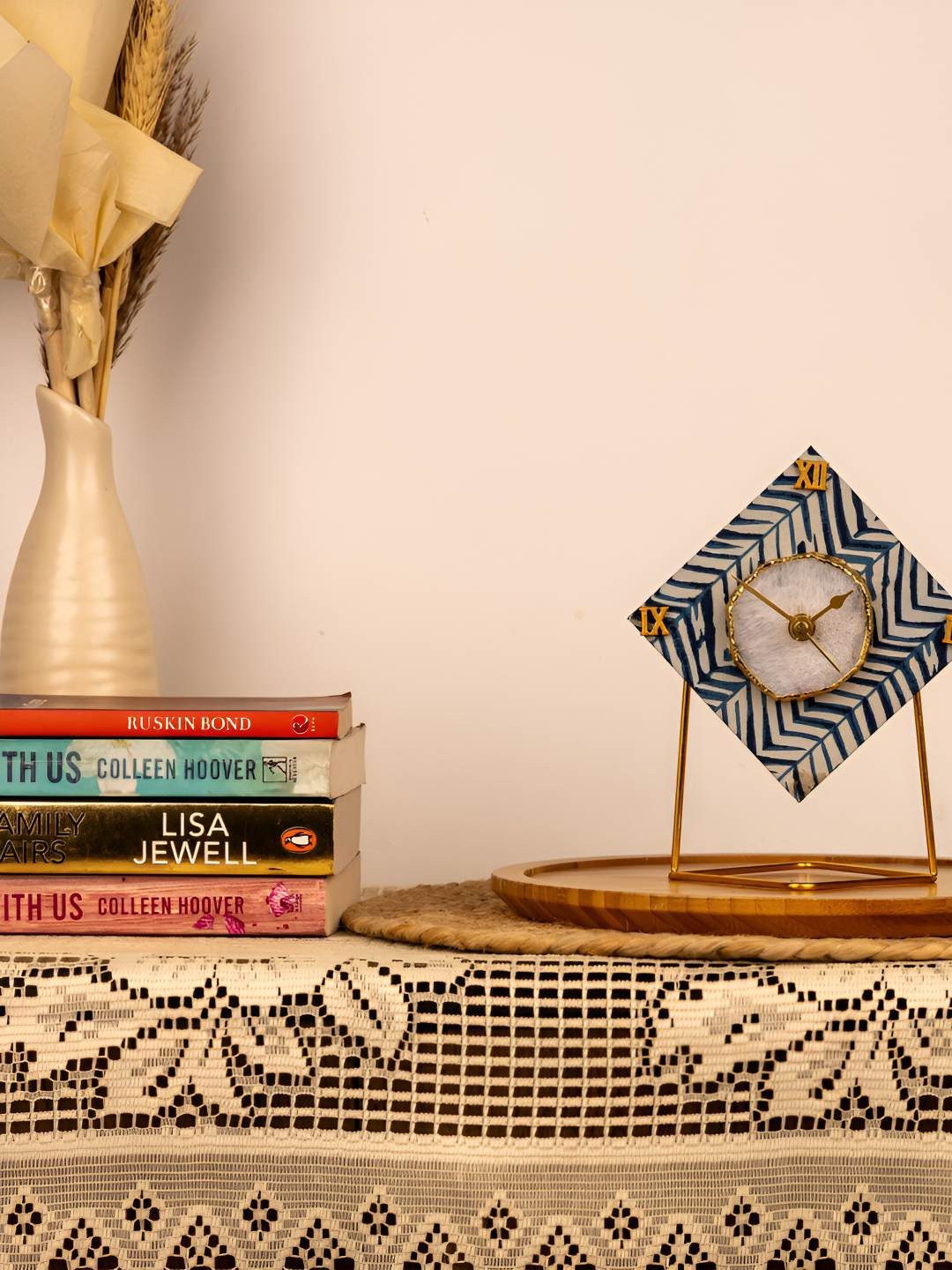 LOOMSARTE Blue & Gold Printed Analogue Cotton Fabric Round Contemporary Table Clock