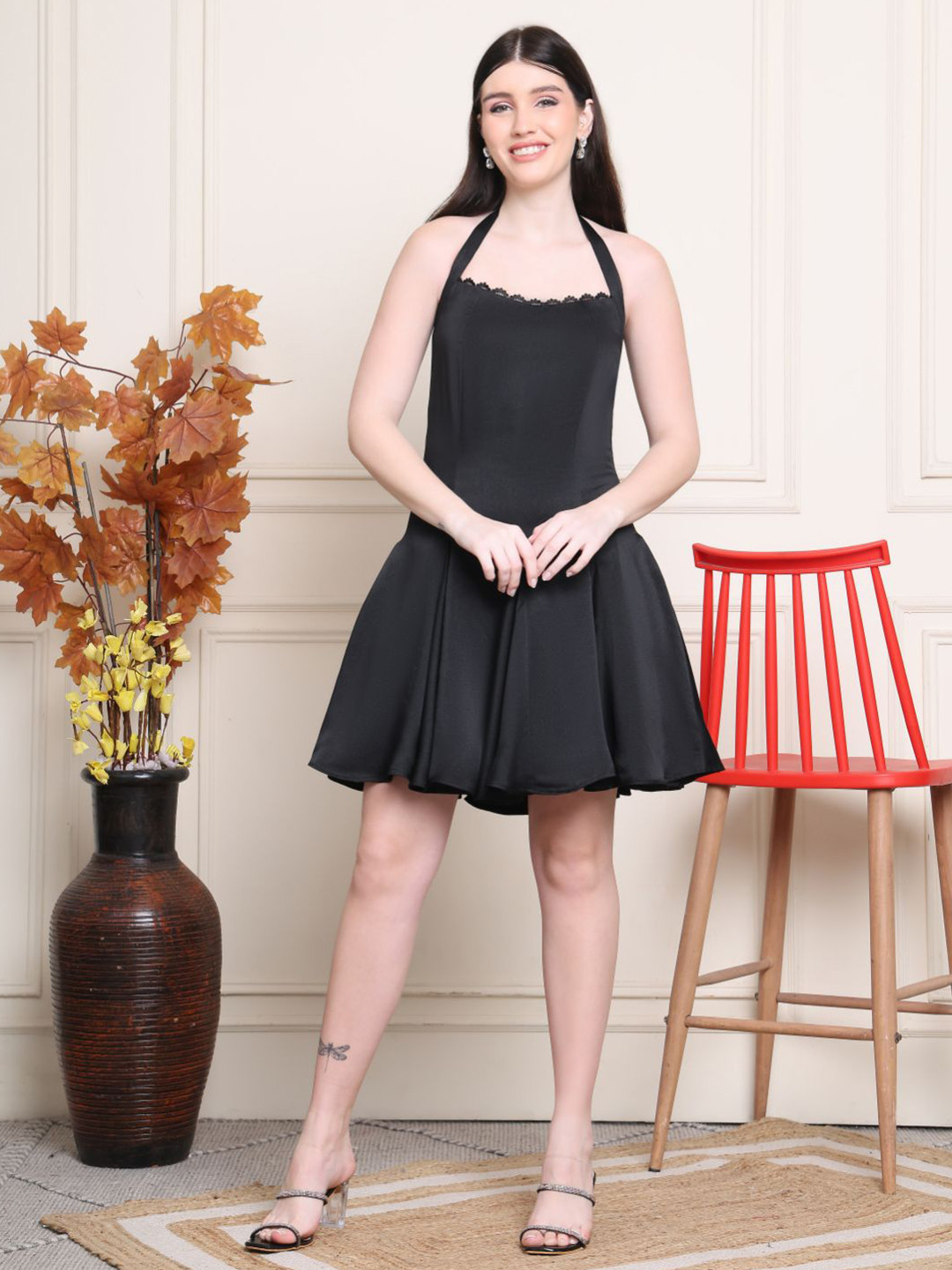 KELIN Women Halter Neck Satin Fit & Flare Above Knee Dress