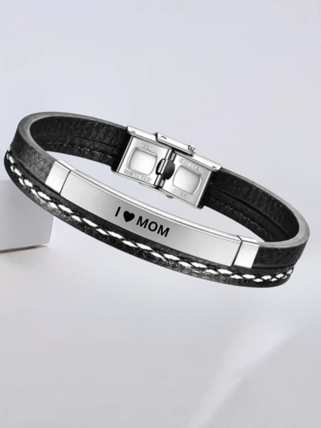 M Men Style Men Silver-Plated I love Mom Leather Wraparound Bracelet
