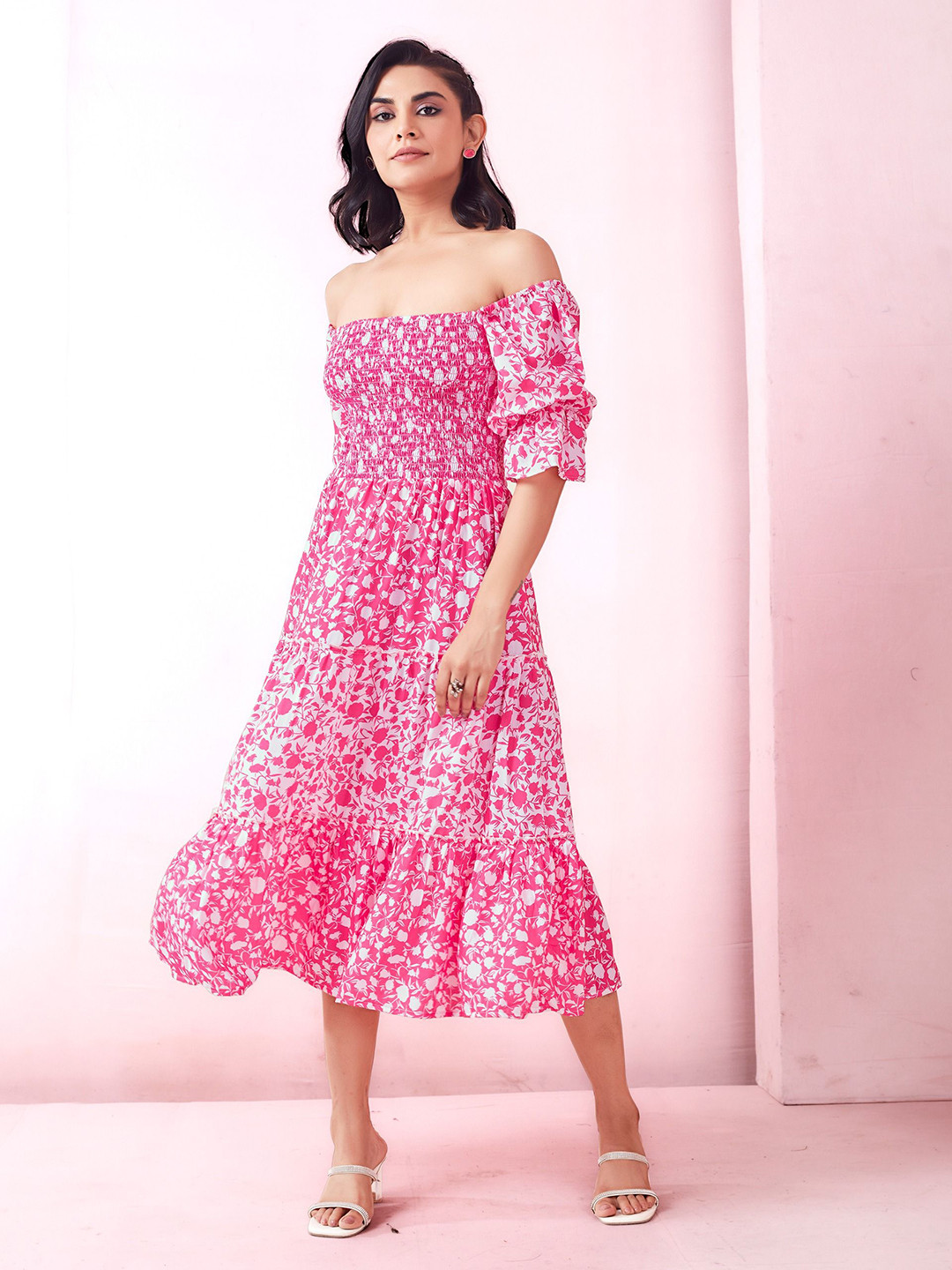 ASILYN Floral Print Bell Sleeve Layered Fit & Flare Midi Dress