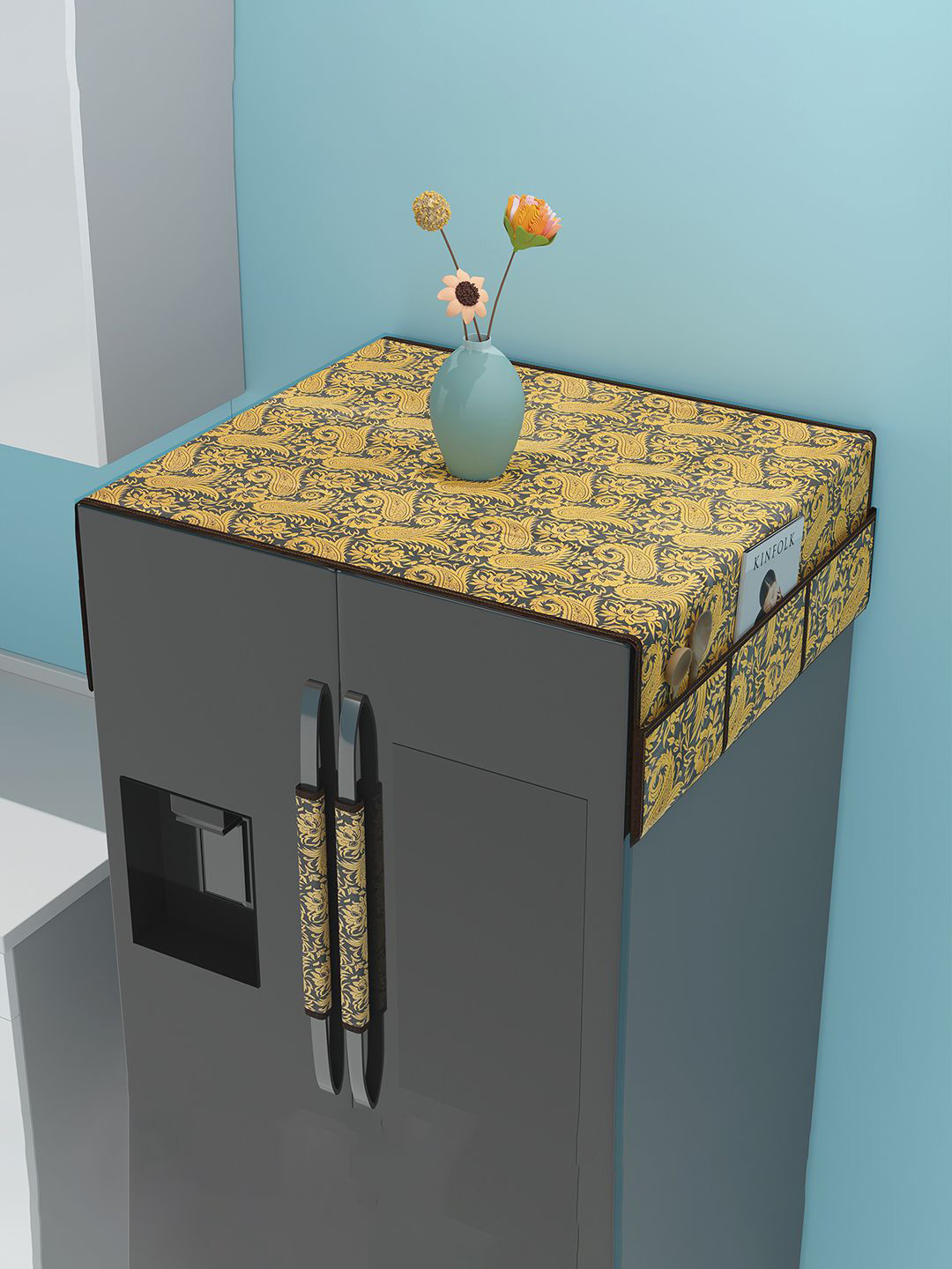 Kuber Industries 3-Pc Black & Yellow Floral Printed Waterproof Fridge Top & Handle Covers
