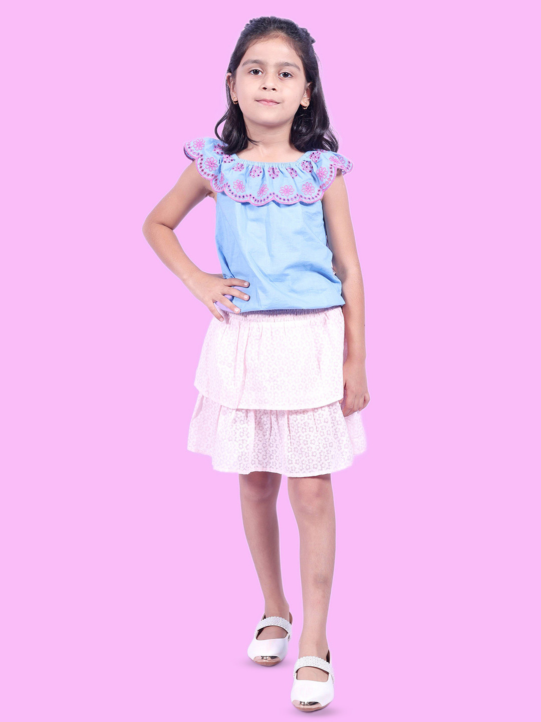 Nature Nook Kids Girl Floral Embroidered Cap Sleeves Cotton Top