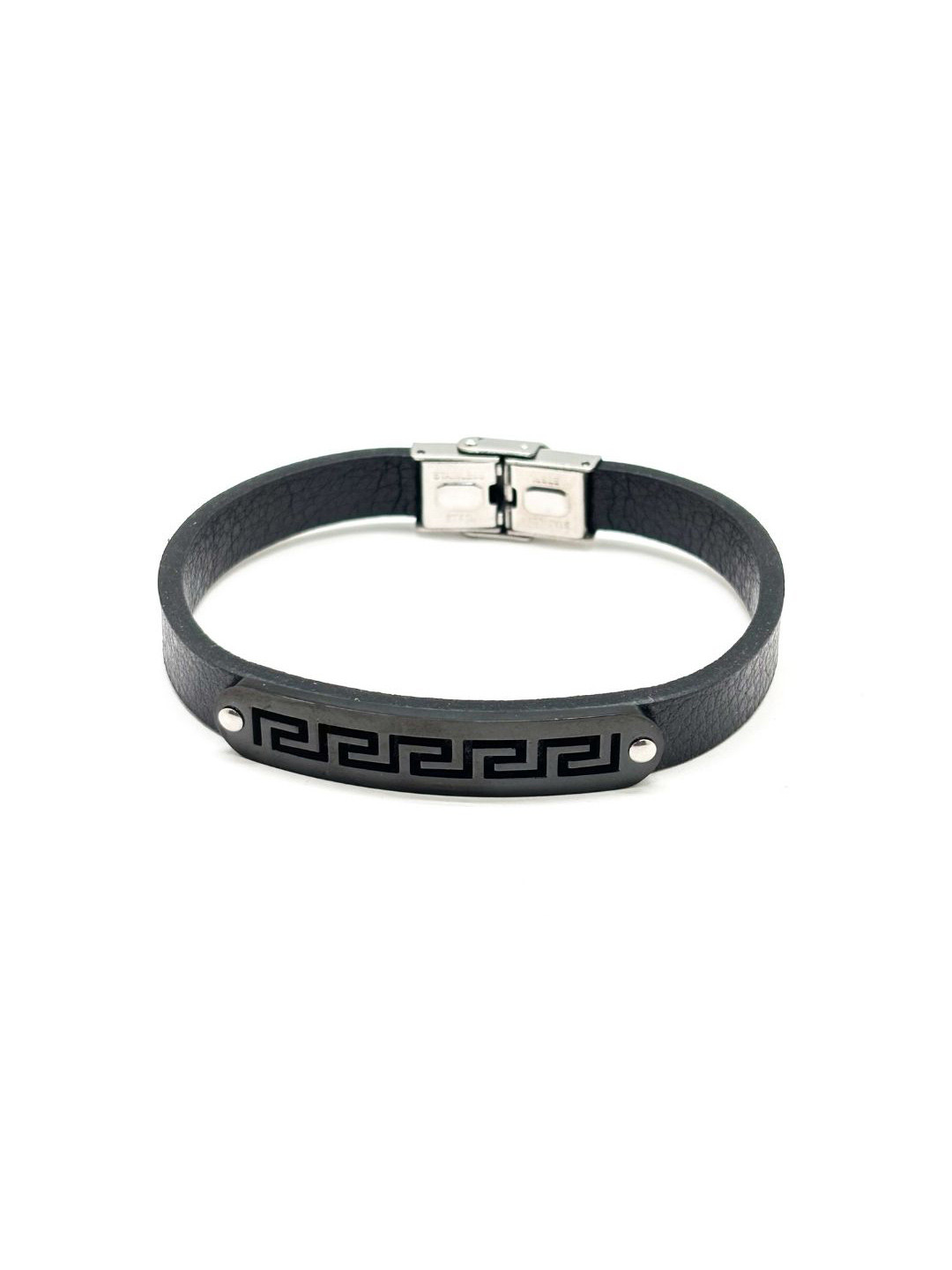 The Tie Hub Men Silver-Plated Greek Key Plate Design Faux Leather Wraparound Bracelet