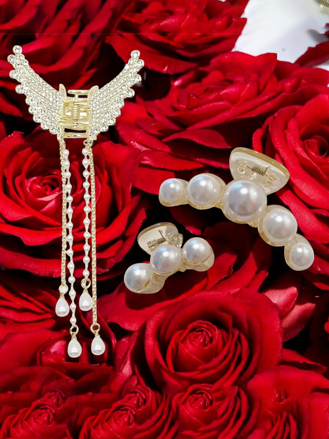 Blubby Set Of 3 Pearls Beaded & Rhinestone Studded Claw Clip