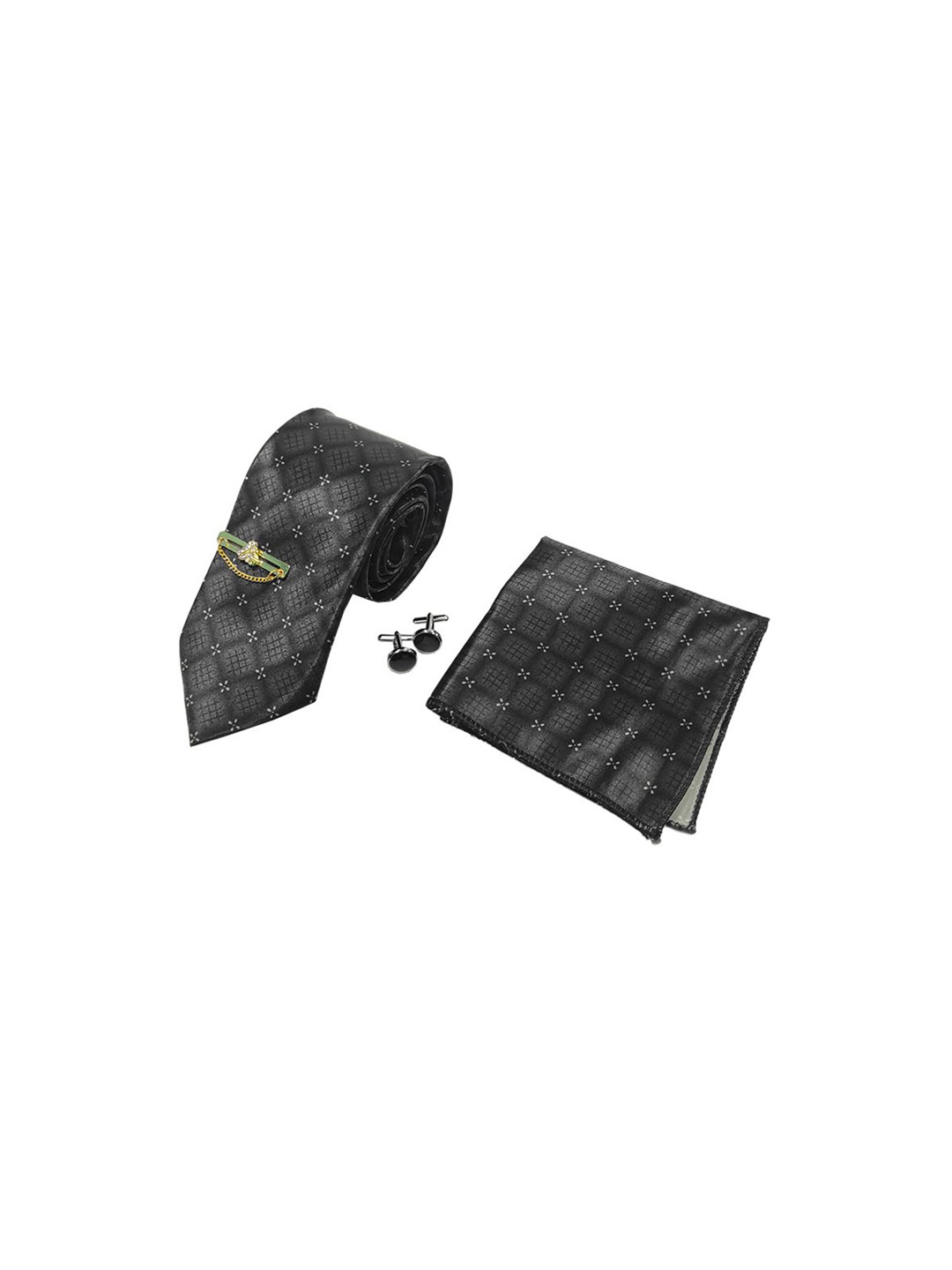 RARE COMBEE GROUP Men Printed Silk Necktie With Pocket Square Tie Pin & Cufflinks