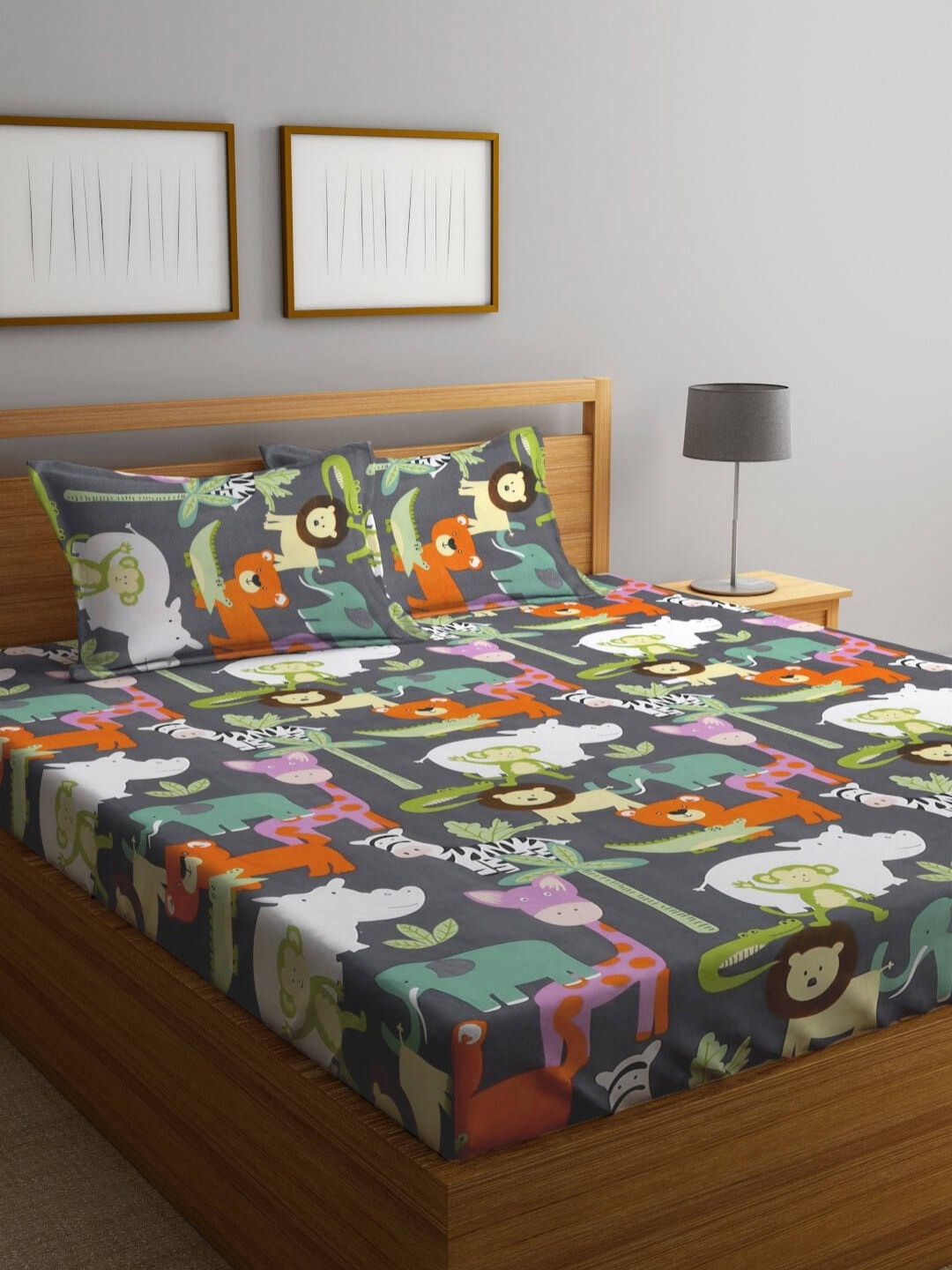 Myntra Elegant Homes Black Animal Polycotton 300 TC King Fine Bedsheet with 2 Pillow Covers-108 x 108 inches