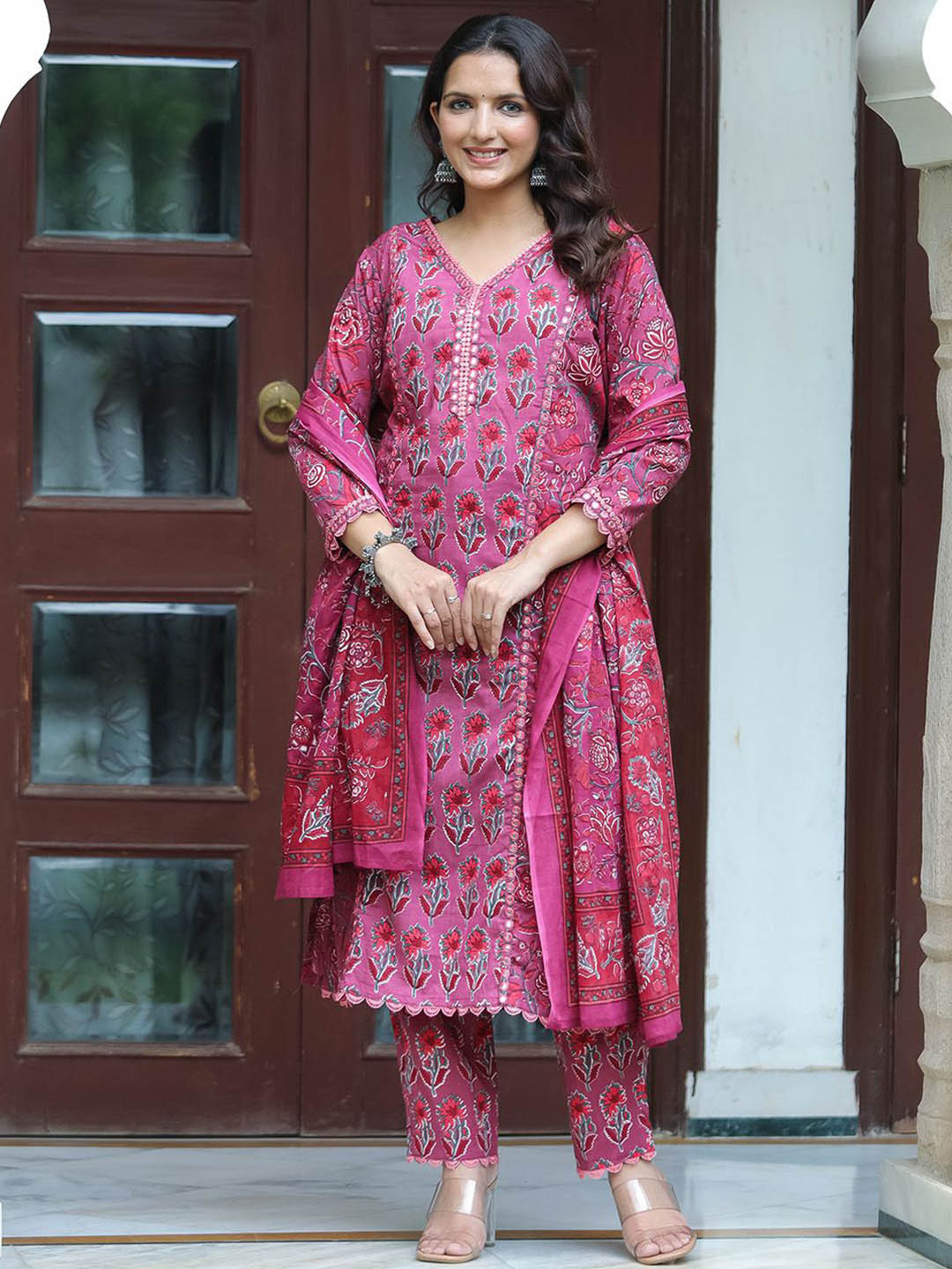 COTTONS DAILY Floral Printed Mirror Work Pure Cotton Straight Kurta With Trouser & Dupatta