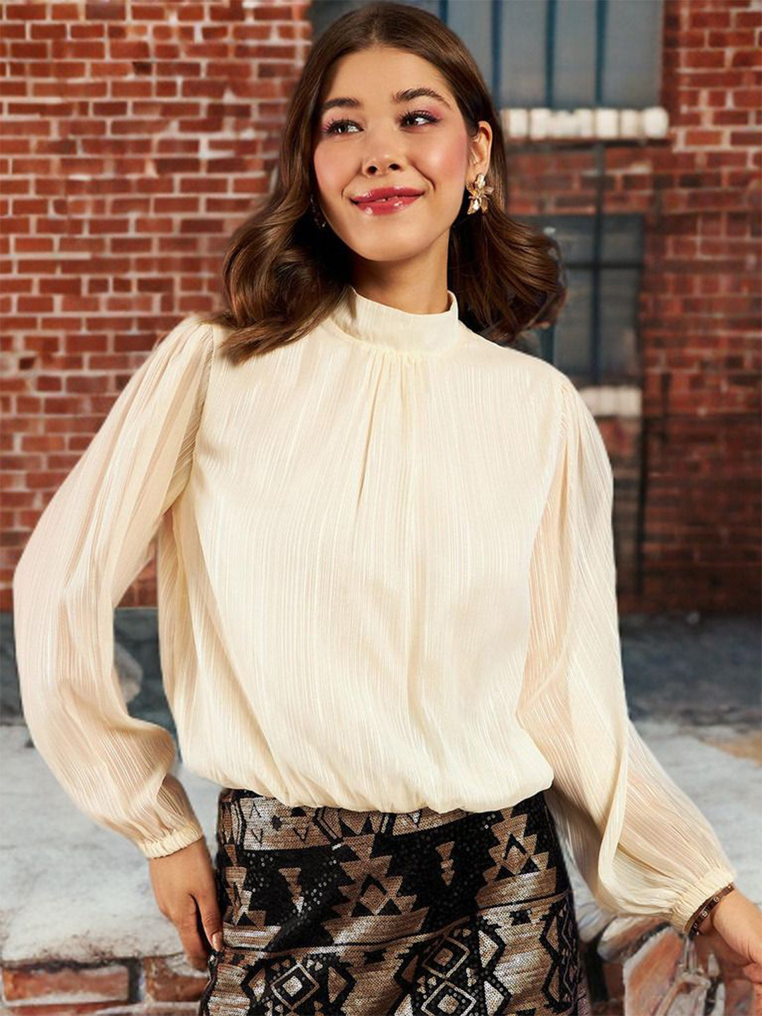 Deewa Print Puff Sleeve Chiffon Blouson Top