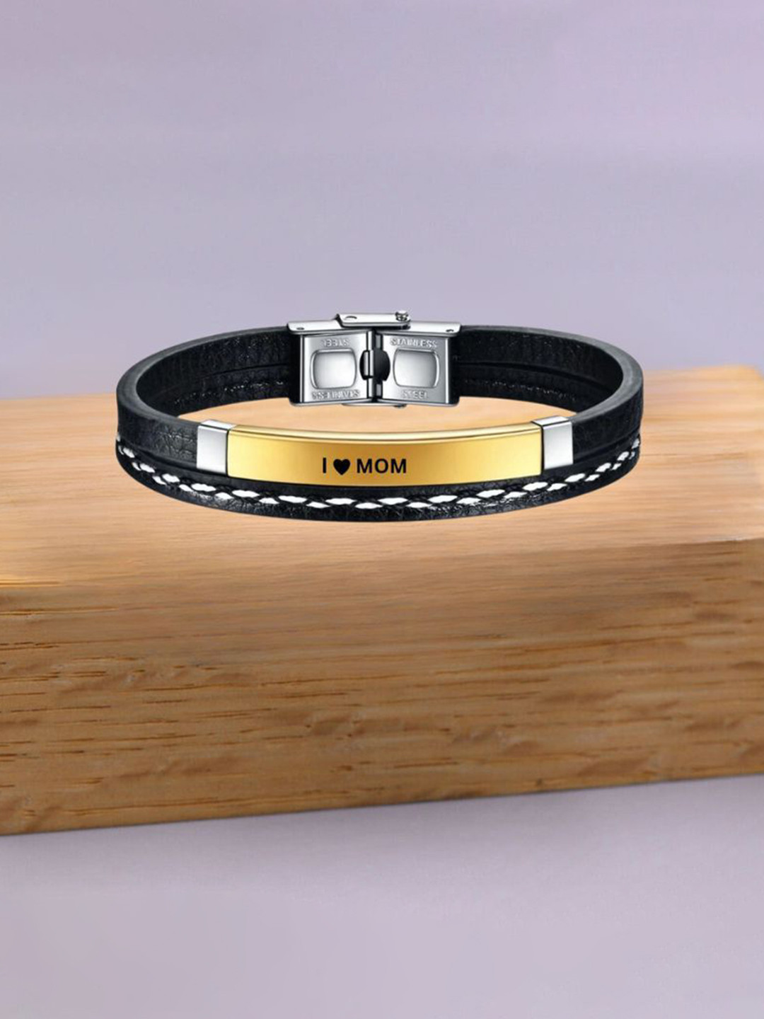 M Men Style Gold-Plated Stainless Steel I love Mom Leather Wraparound Bracelet