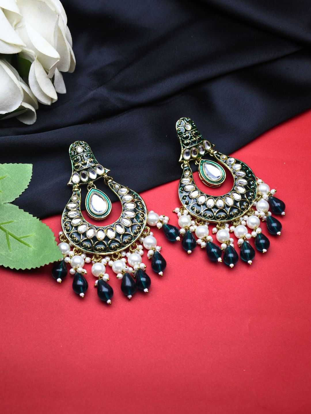J & C Fashion Arena Gold-Plated Pearls Beaded Crescent Shaped Enamelled Chandbalis