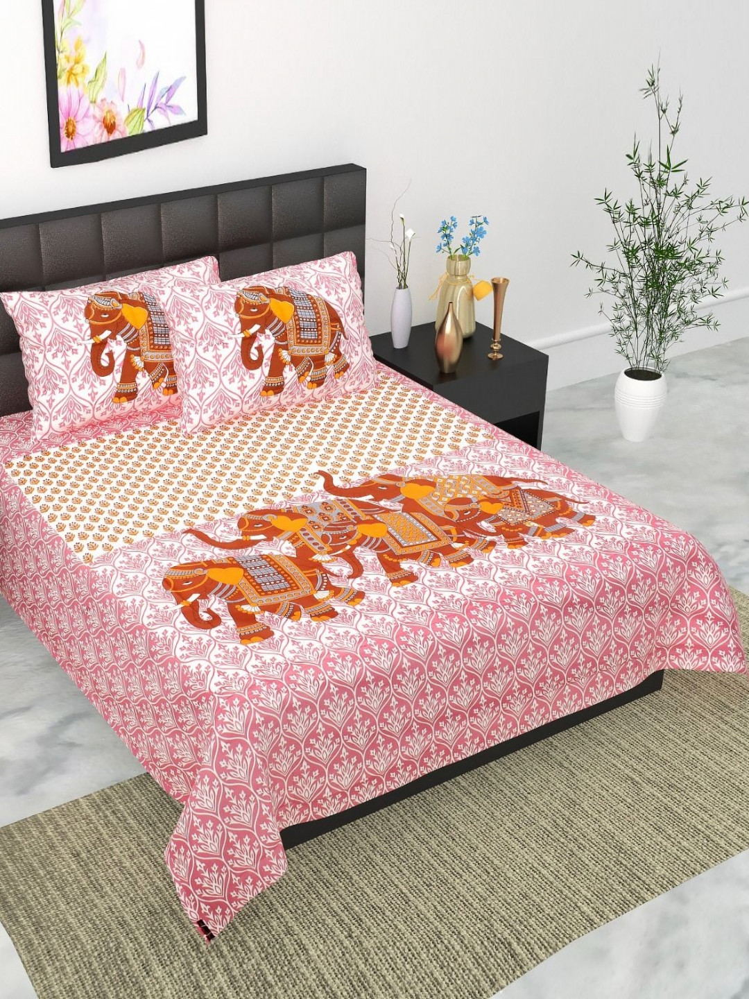 UNIBLISS Assorted Pink Ethnic Motifs Cotton 144 TC Queen Bedsheet with 2 Pillow Covers-215 x 235 cm