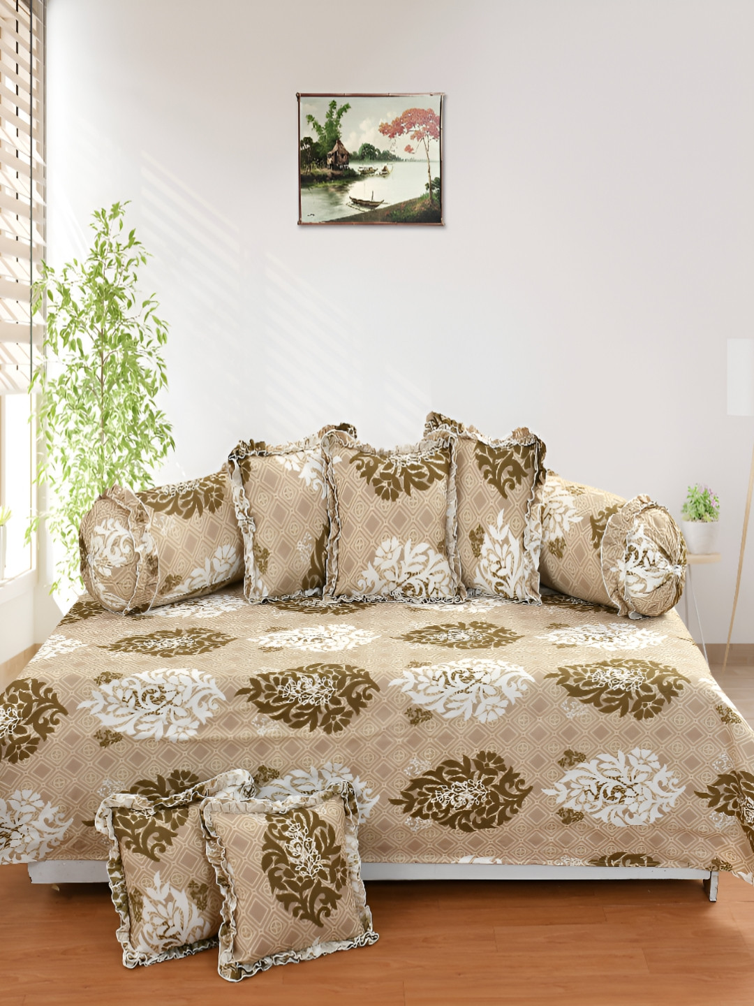 Luxmi Cotton Fabrics Set Of 8 Beige Ethnic Printed Bedsheet With Bolster & Cushion Covers