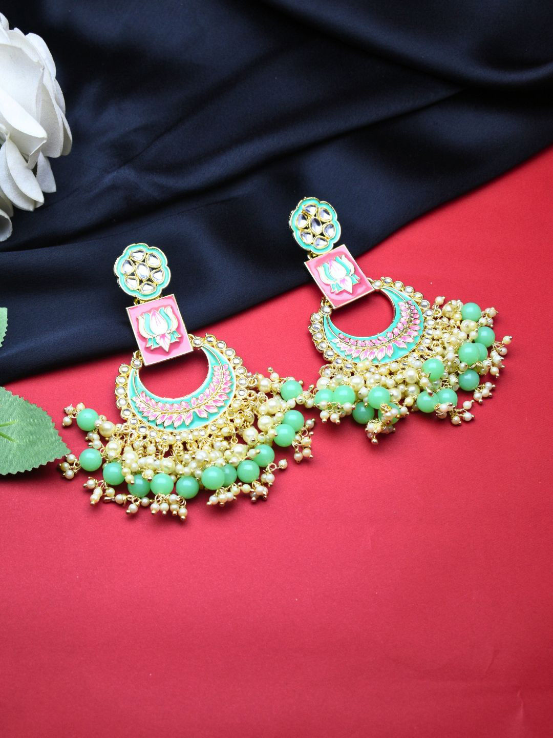 J & C Fashion Arena Pearls Beaded Crescent Shaped Oxidised Chandbalis