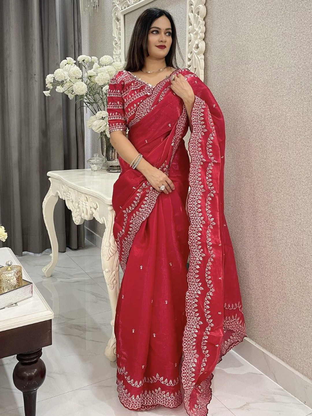Panzora Ethnic Motifs Embroidered Silk Blend Heavy Work Saree