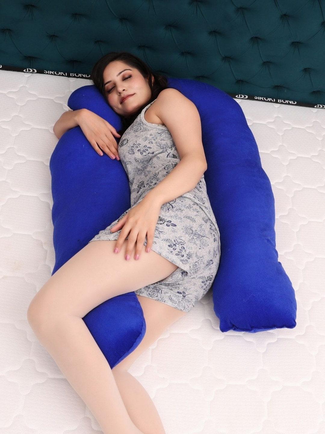 Siroki Bond Blue Solid Faux Velvet Lightweight Firm Fibre Maternity Pillow-147 x 84 x 5 cm