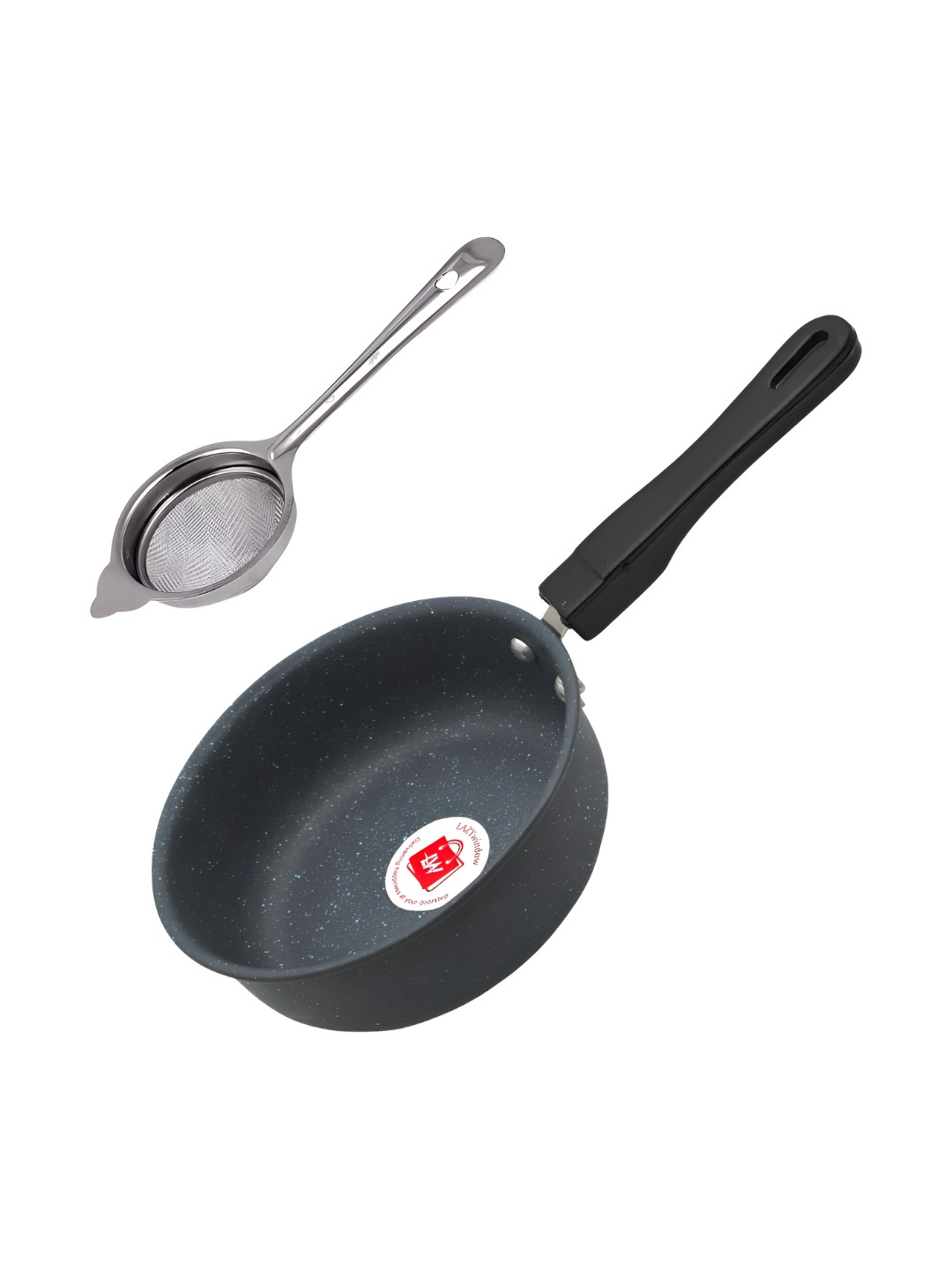 LAZYwindow Silver Toned & Black 2 Pieces Nonstick Sauce Pan With Tea Strainer